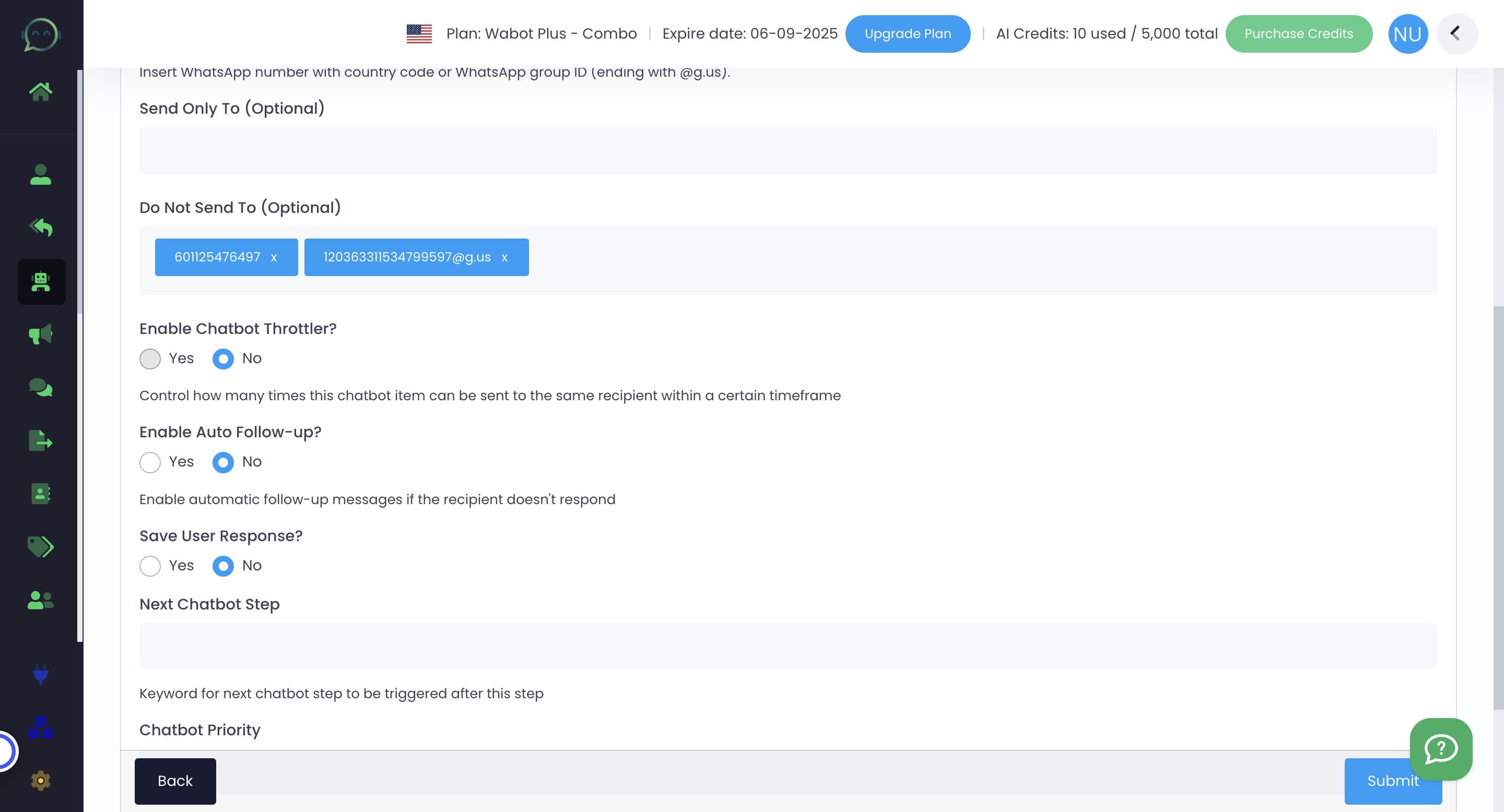 ## Chatbot Throttler
Enable "Chatbot Throttler" to control response frequency or choose "No" to disable
