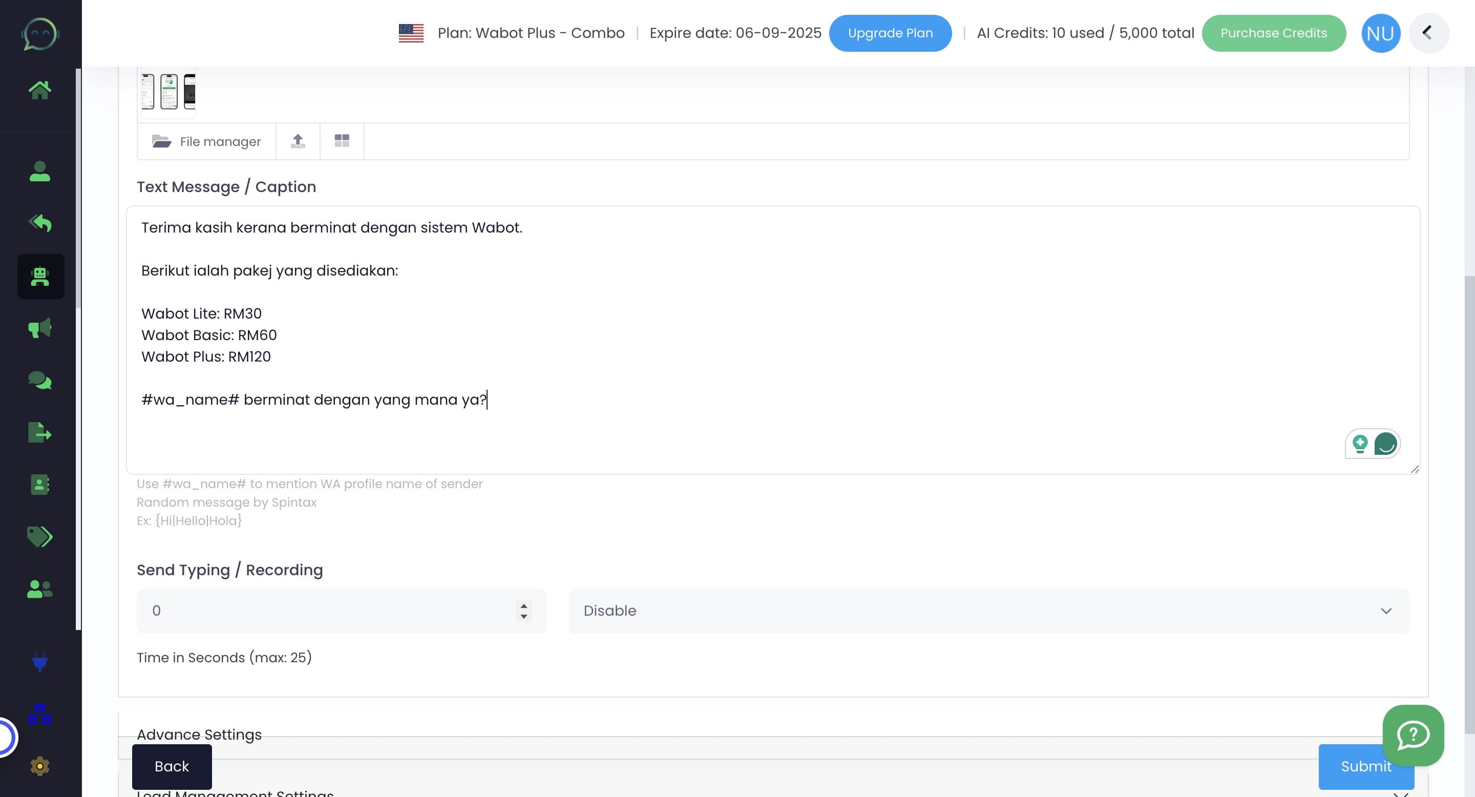 Insert the text message for the keyword reply
