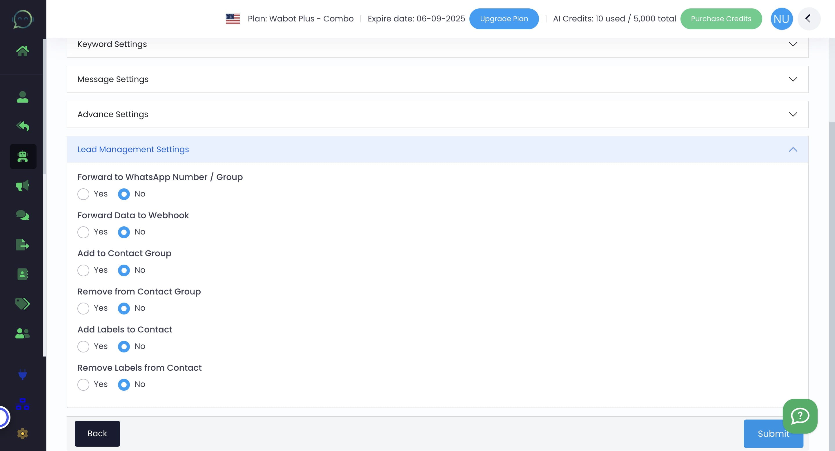When you click on "Leads Management Settings", you will have the option to forward messages to your team, store data for automation, or organize contact groups