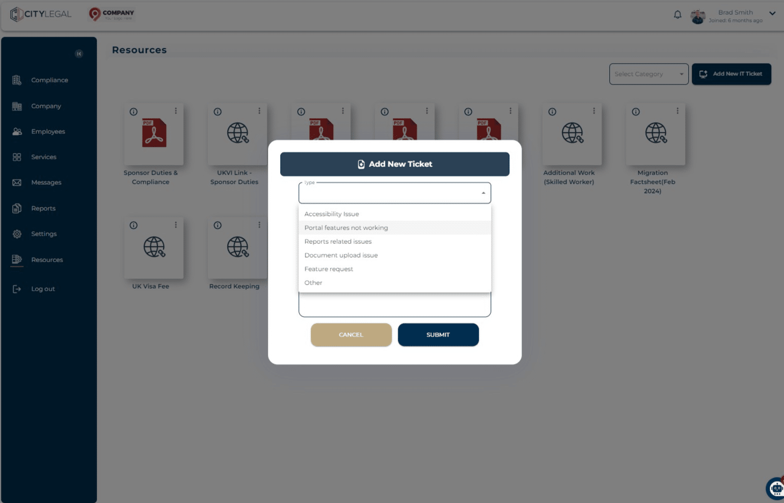 In the pop up, select the Type of issue you want to raise a ticket for.