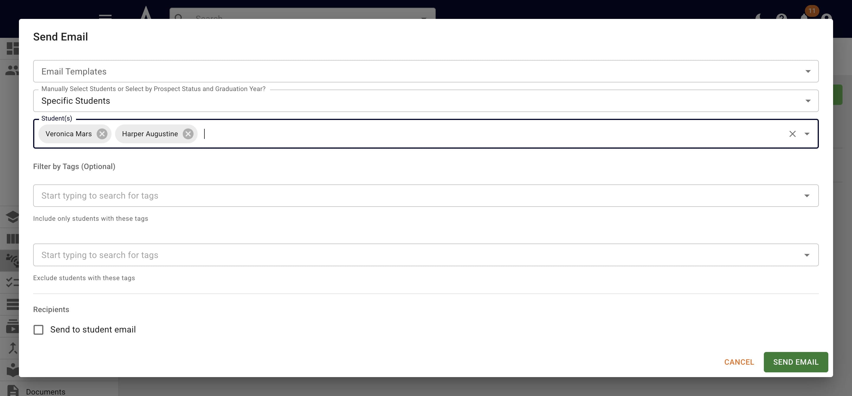Click on the **X** to remove a student from the recipient list. 