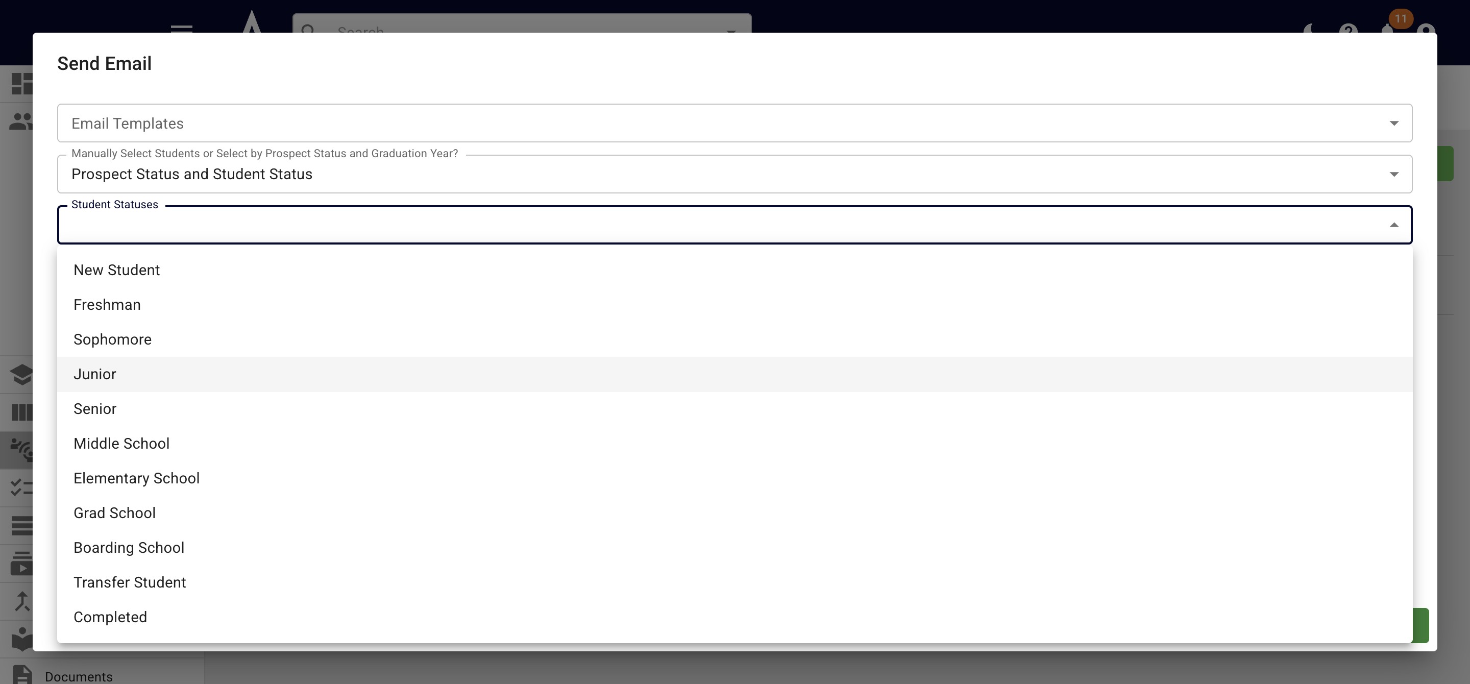 Choose the applicable student statuses. 