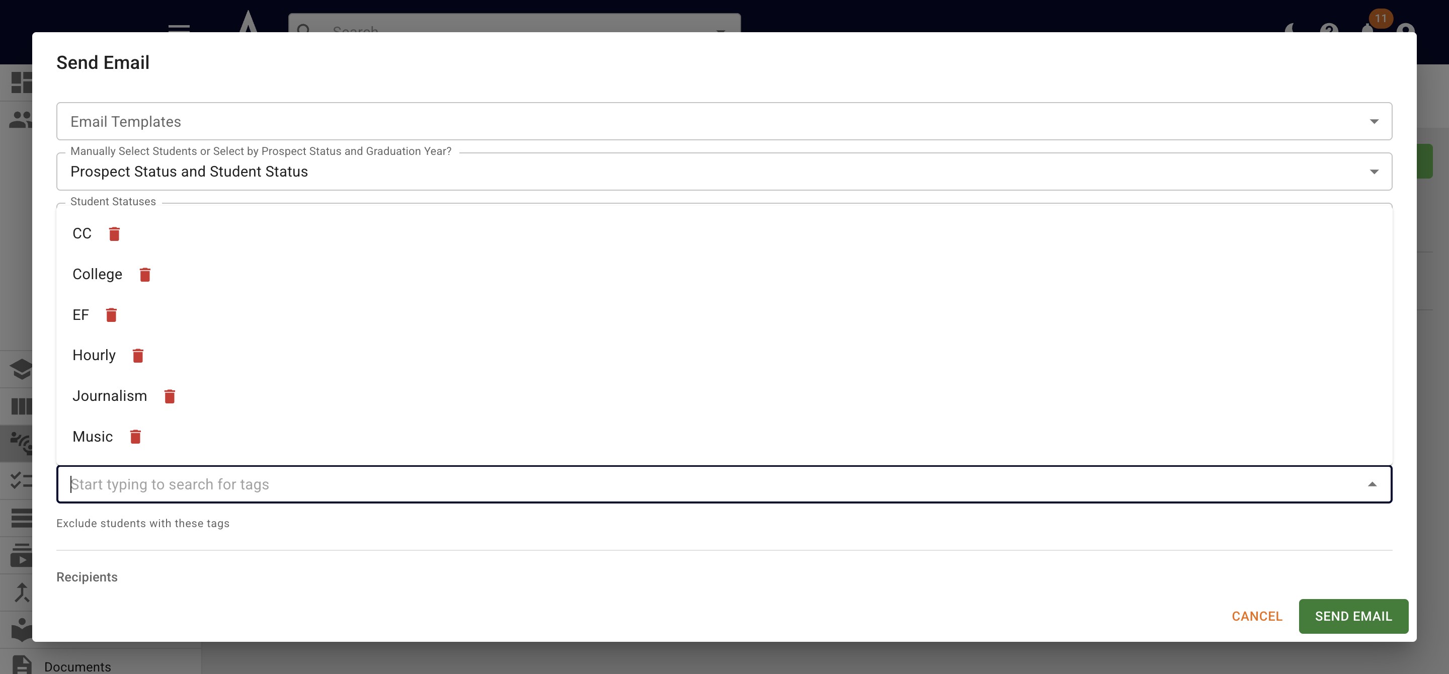 If want to make sure students with specific tag(s) don't receive the email, you would chose those within the **Exclude students with these tags** fields. 