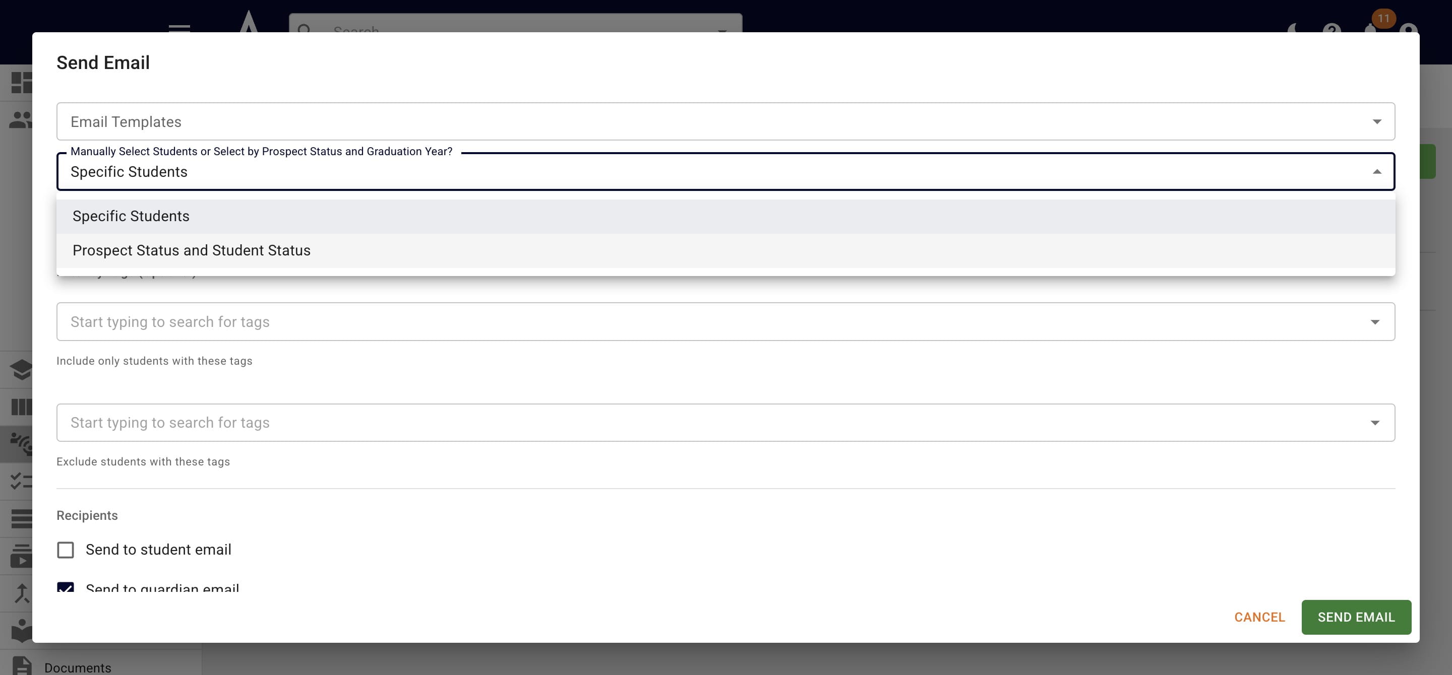 If you want to send an email to students within a specific status, choose **Prospect Status and Student Status.**