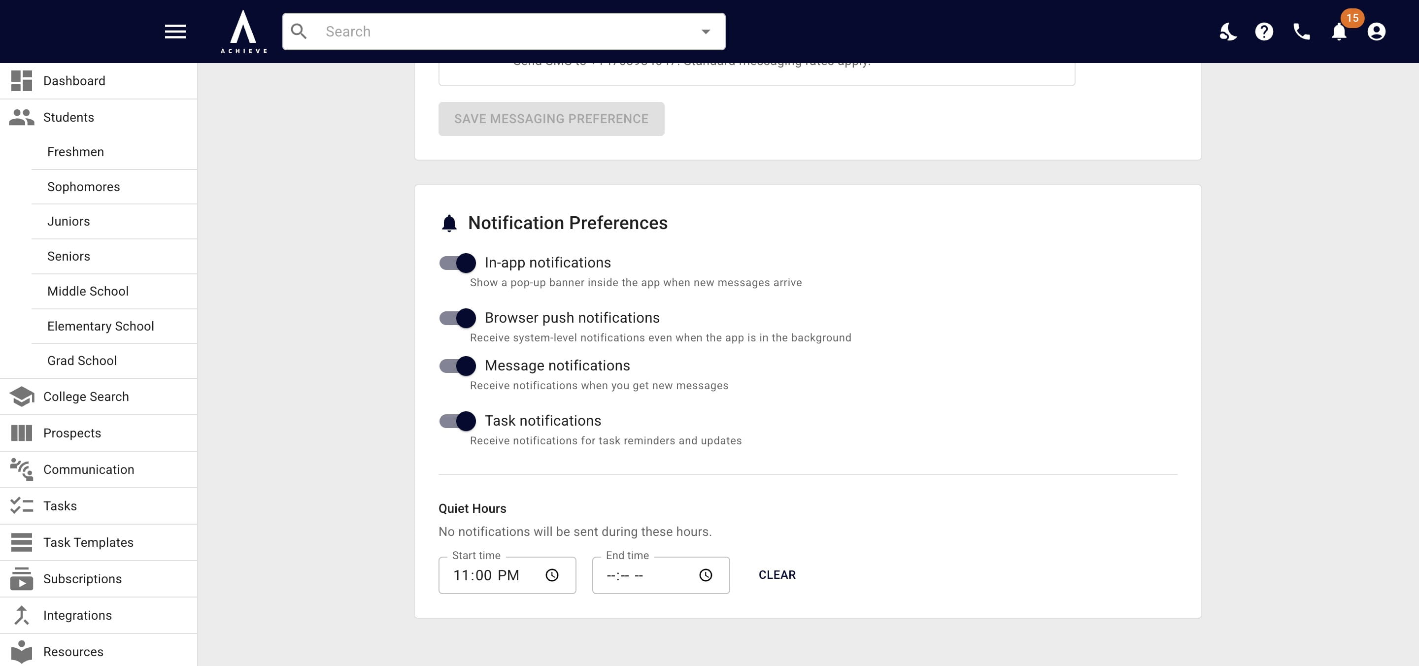 Add times as needed for **quiet hours**. During quiet hours notifications will show up as normal in Achieve, via email, etc. but the push notifications won't go out. 