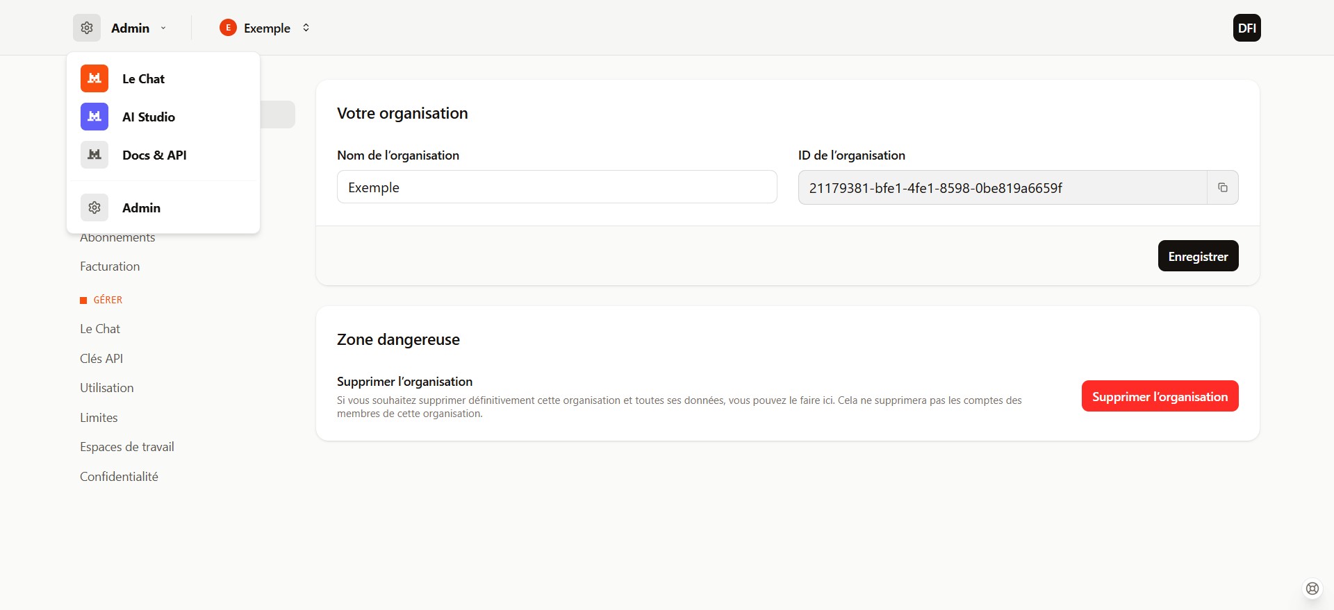 Votre compte, organisation est maintenant disponible, et vous êtes l'administrateur.