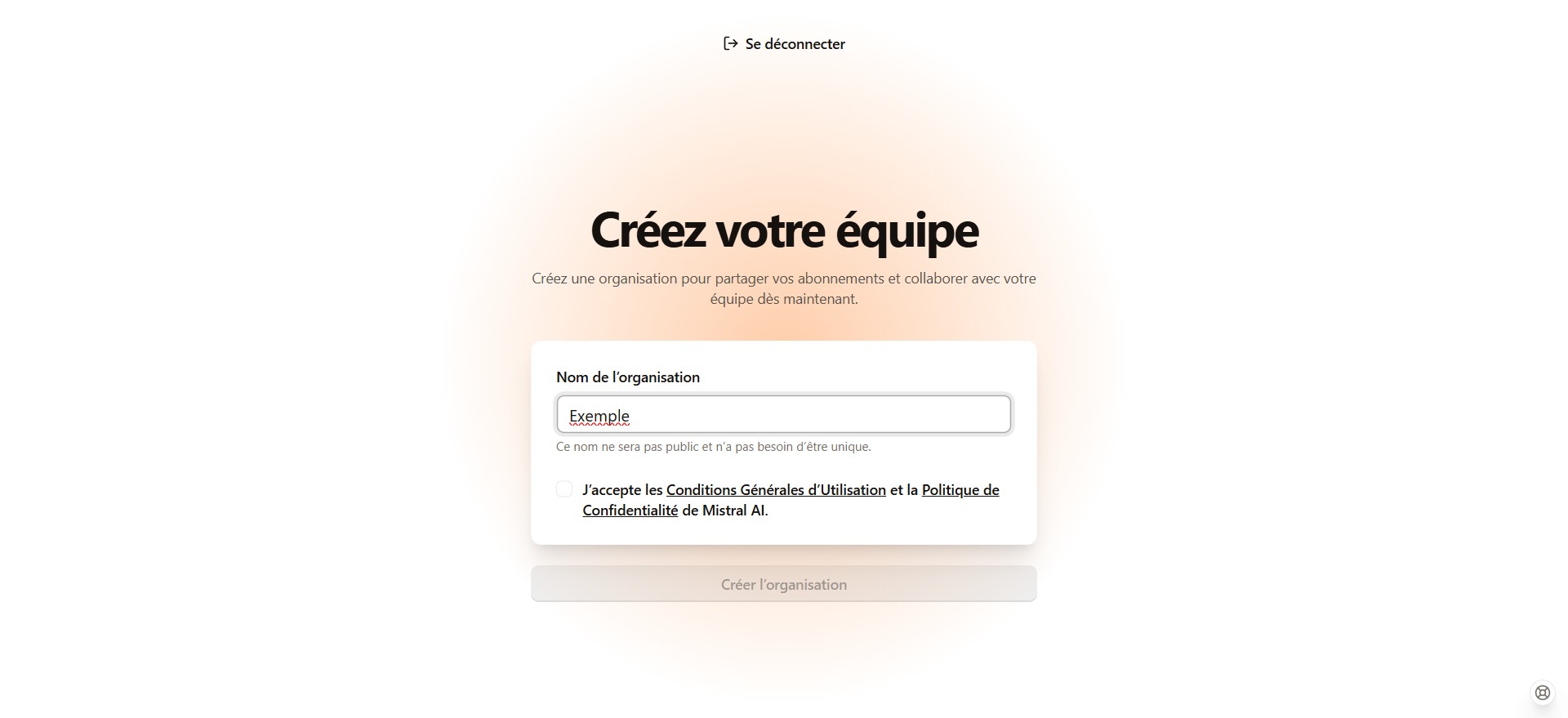 Donnez un nom d’organisation afin de créer un espace séparé pour votre entreprise et équipe au sein de la plateforme.