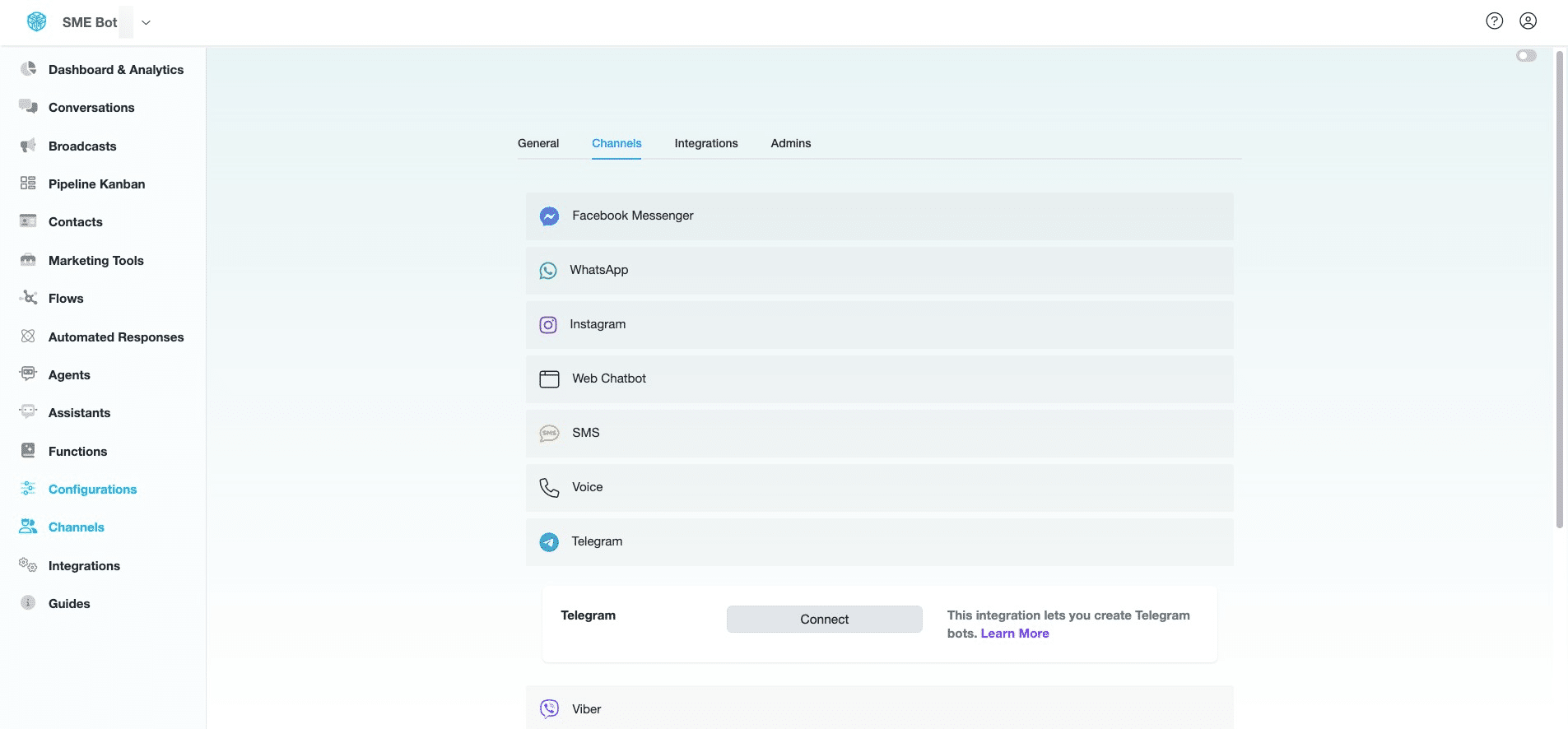 Click "Connect" to begin the Telegram Integration.