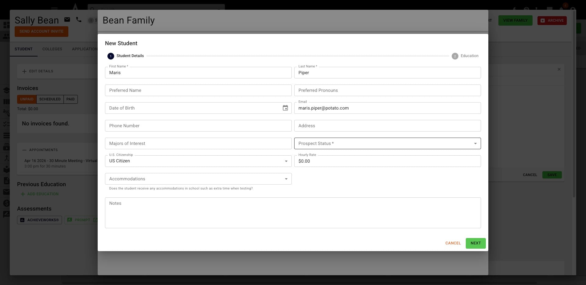 The **New Student** pop-up will appear. On the first screen, only **Prospect Status** is required to add.