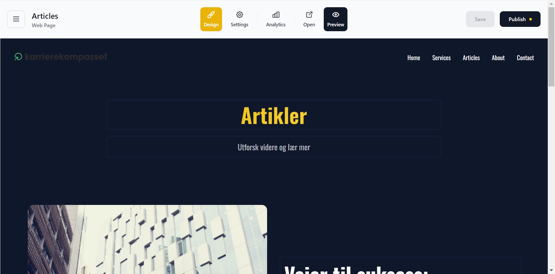 Klikk på "Publish" for å publisere endringer.