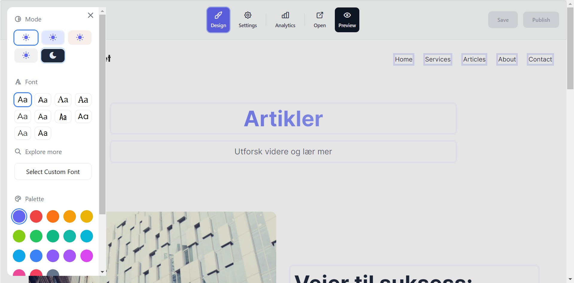 Meny for design åpnes og du kan endre bakgrunnsfarge, fonter og farger. 
I dette eksemplet setter vi en mørk bakgrunn.