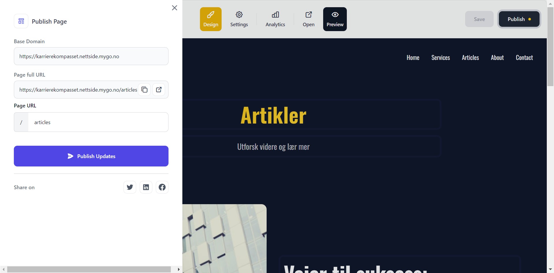 Vindu med koblinger og url adresser vises. Klikk på "Publish Updates"