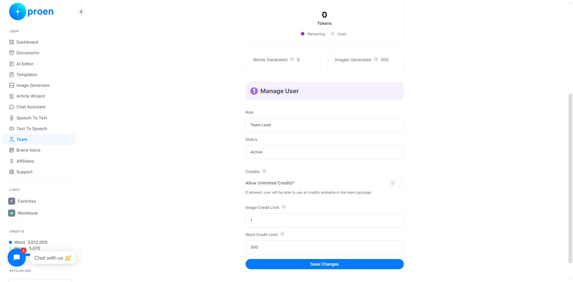 Here, you can set the word credit limit of a member