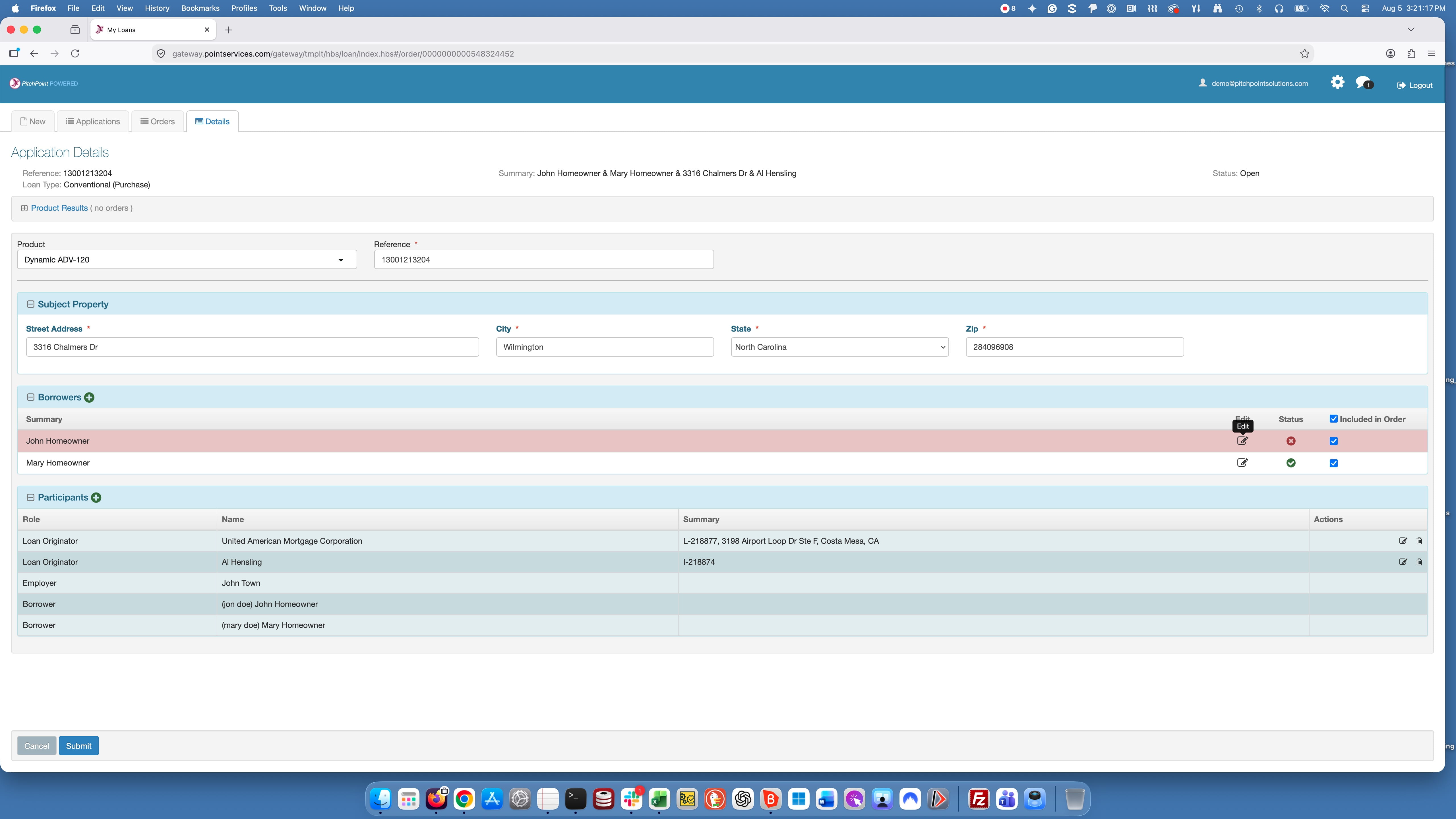 After you select the desired product the order entry screen will appear filled out with your loan data. In some cases there may be some missing information which can be correct on this screen. In this example there is some missing information for John Homeowner.