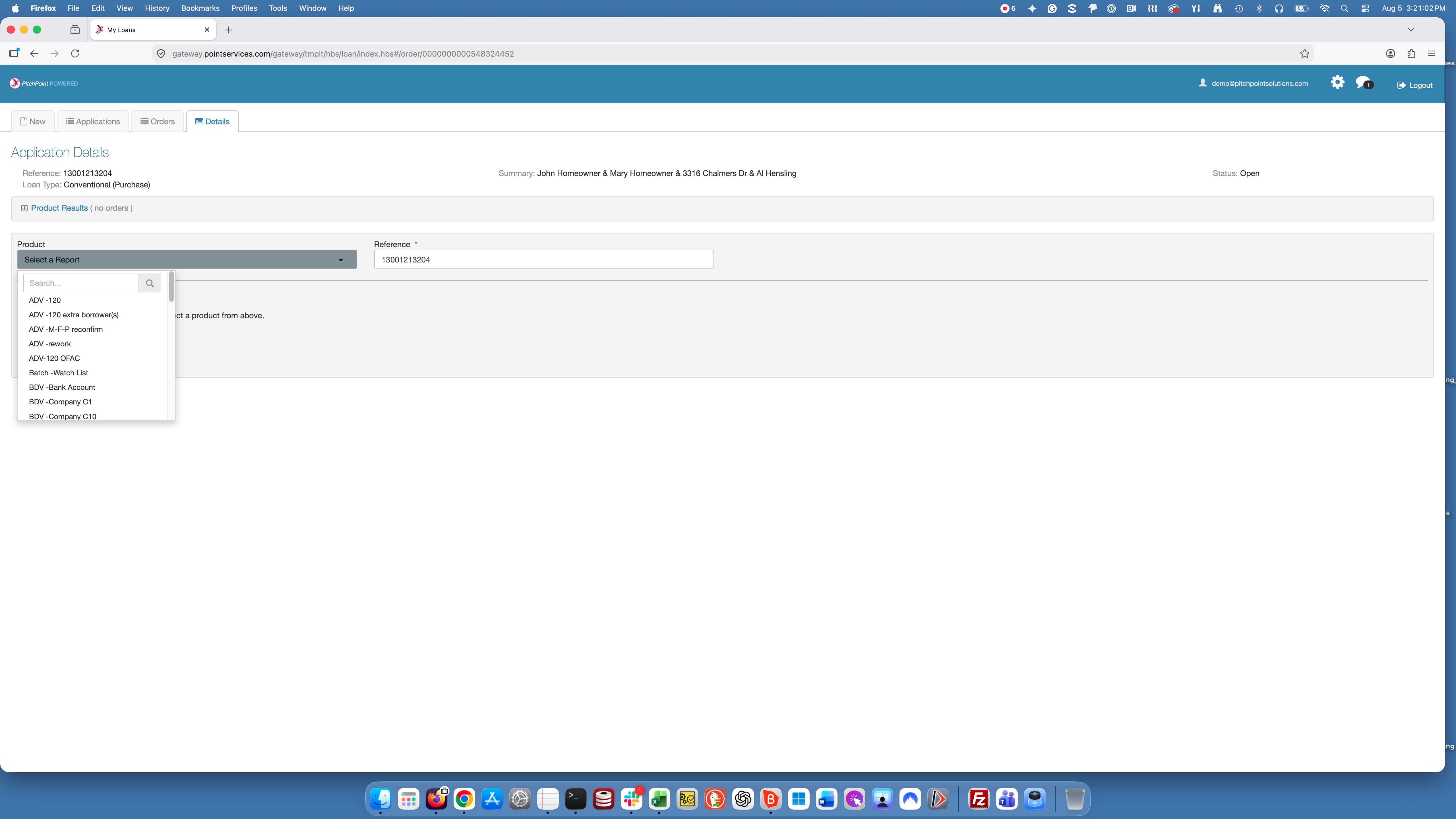 Once the upload is finished you will see your loan number and a summary of the borrowers and address. Using the product drop-down select the report you require.