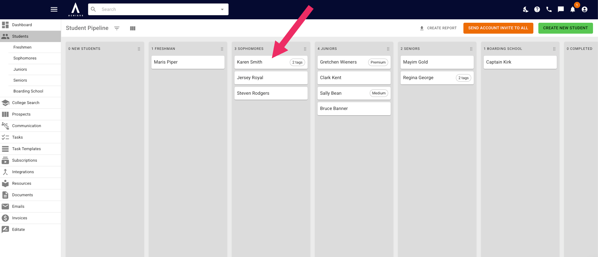 We can now see in the **Student Pipeline** that Karen Smith is now in the **Sophomores** column.