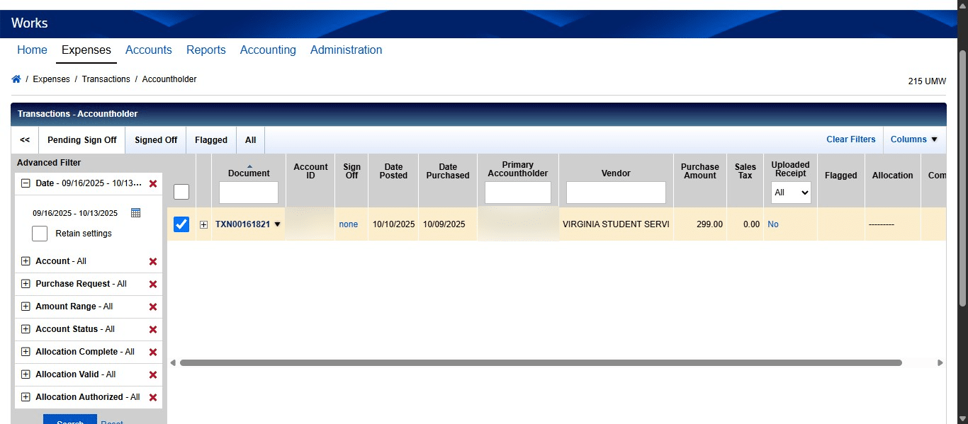To begin the allocation, make sure that you have all of your supporting documentation available. You want to double check that the cost is correctly charged according to what you were expecting. Once all of your documentation is compiled, you can allocate your transaction by clicking the drop down on the Transaction ID under the Document column.