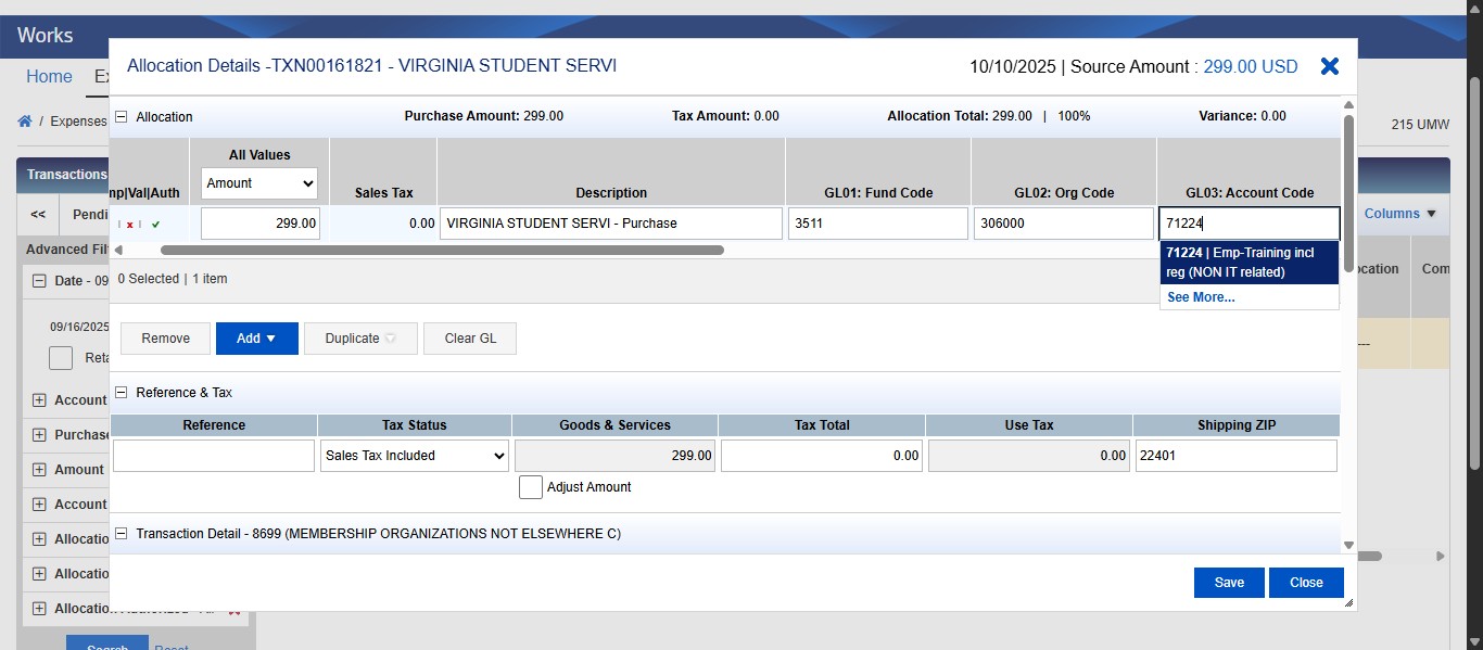Enter the Account Code and select it from the drop down.