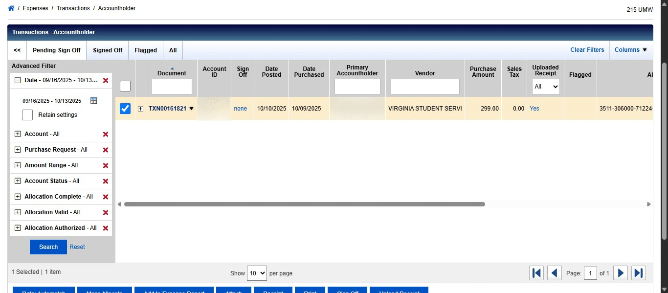 Once you have allocated and added the required documentation for the transaction, you can sign off on the transaction. To do this, click on the Transaction ID drop down under Document.