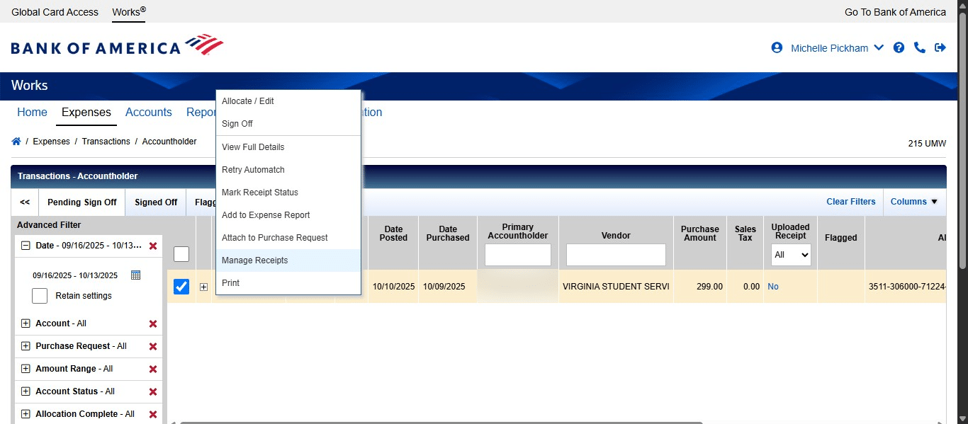 Click on "Manage Receipts"