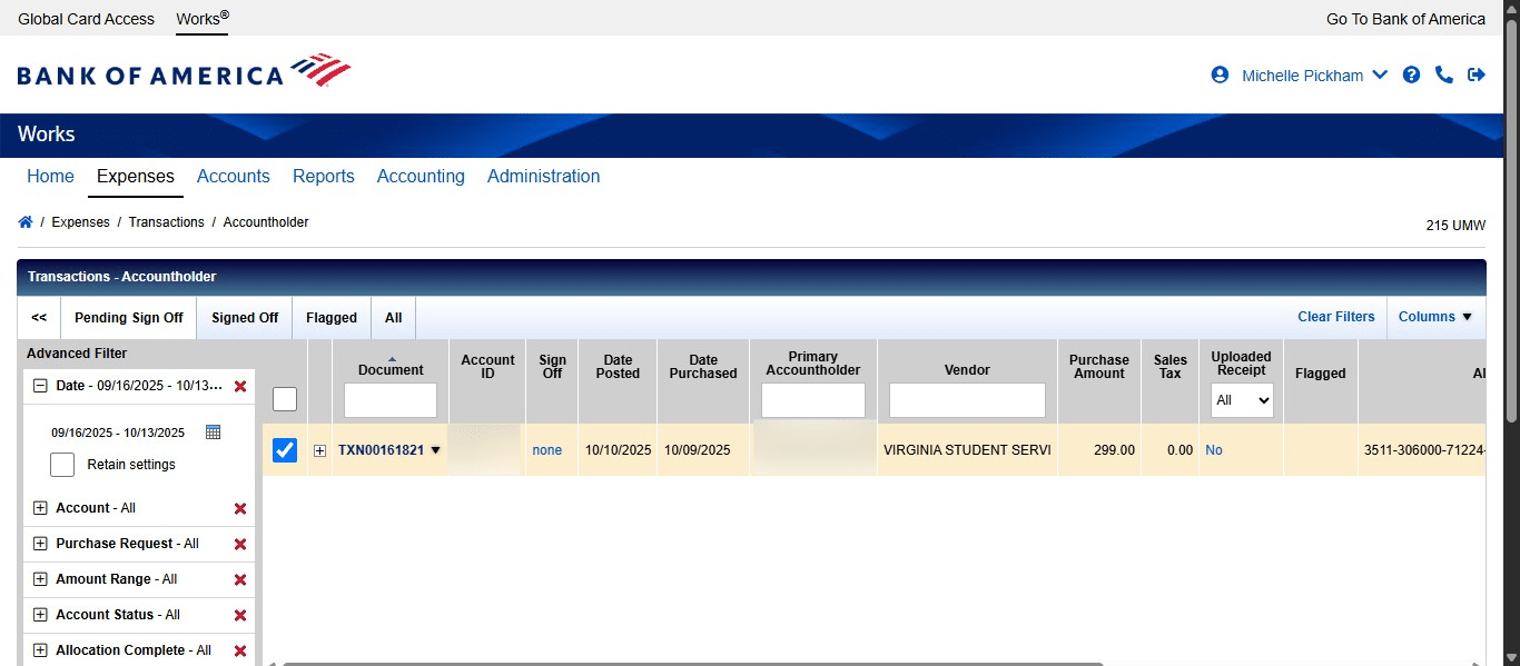 Now you need to add your required documents to the transaction. Click on the Transaction ID drop down under Document. Documents required to be uploaded per DOA are the invoice, receipt, and approval for purchase. See the [Works Mandatory Document Upload](https://adminfinance.umw.edu/procurement/small-purchase-credit-card/spcc-works-reconciliations/#Upload) website for more information on what is required. 