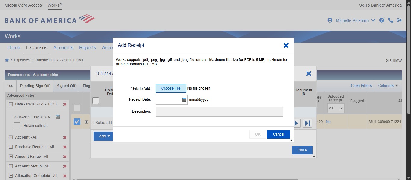 Select Choose File to browse for your document to upload.