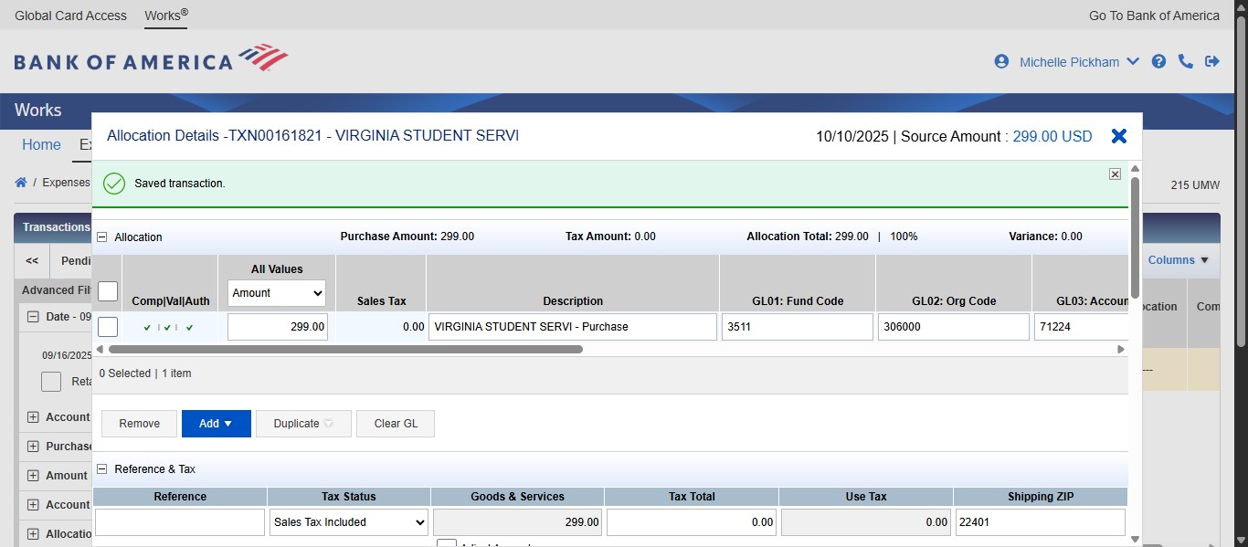 Click on Close or on the X to exist out of the transaction allocation screen.