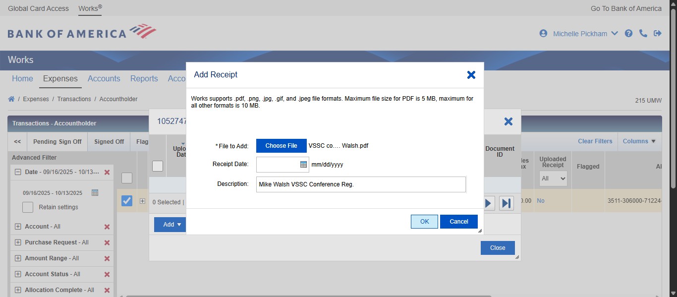Click on "OK" to post the uploaded documents to the transaction.