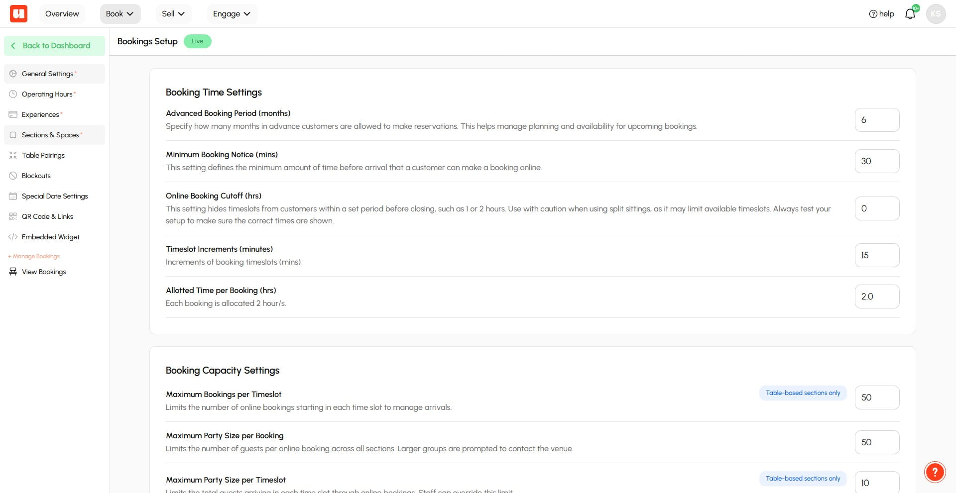 Select **Sections & Spaces** in the Bookings Setup sidebar