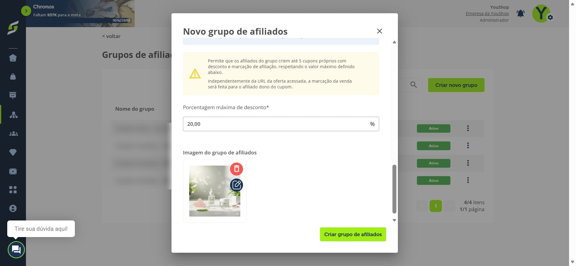 Adicione a imagem que será exibida no convite para os afiliados.