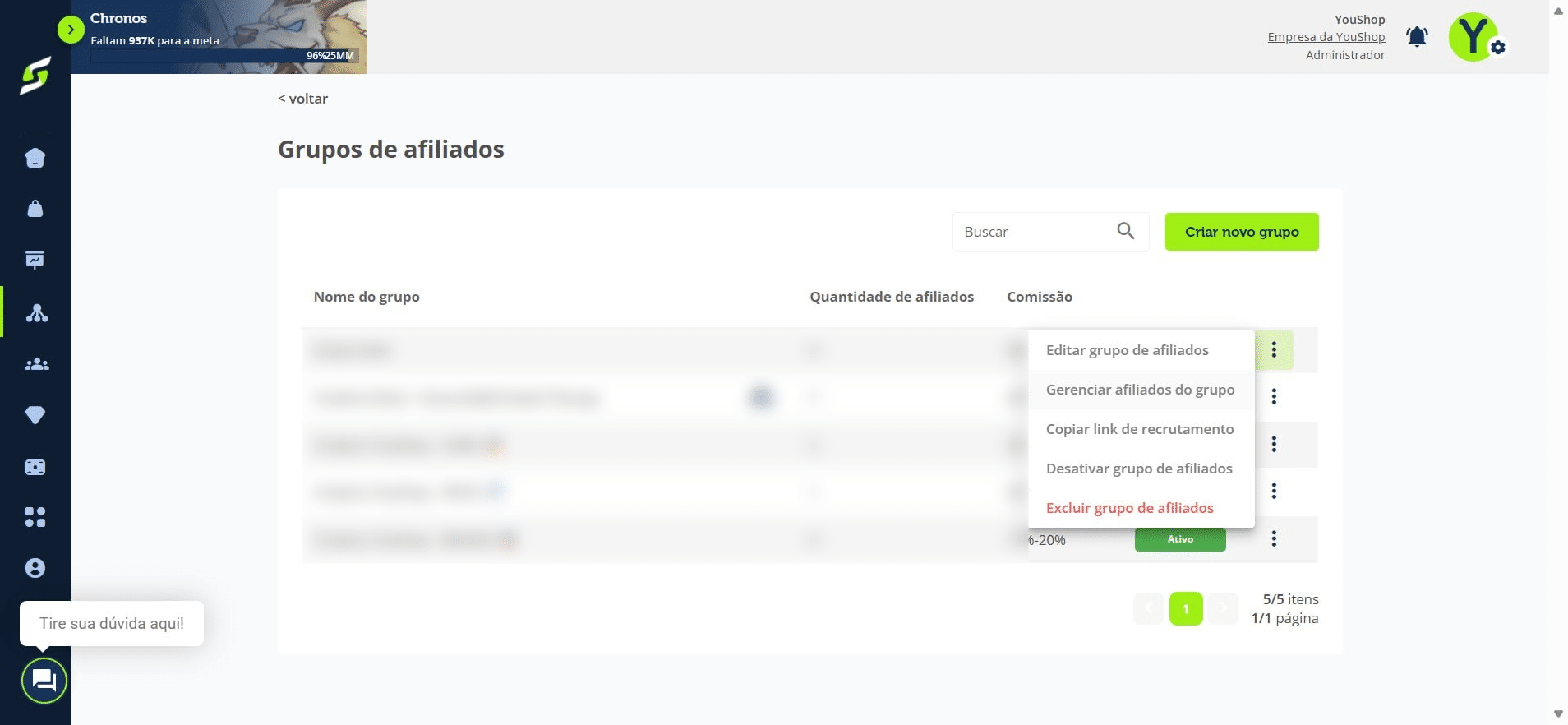 Com o grupo criado, clique nos três pontinhos e selecione Gerenciar afiliados do grupo.