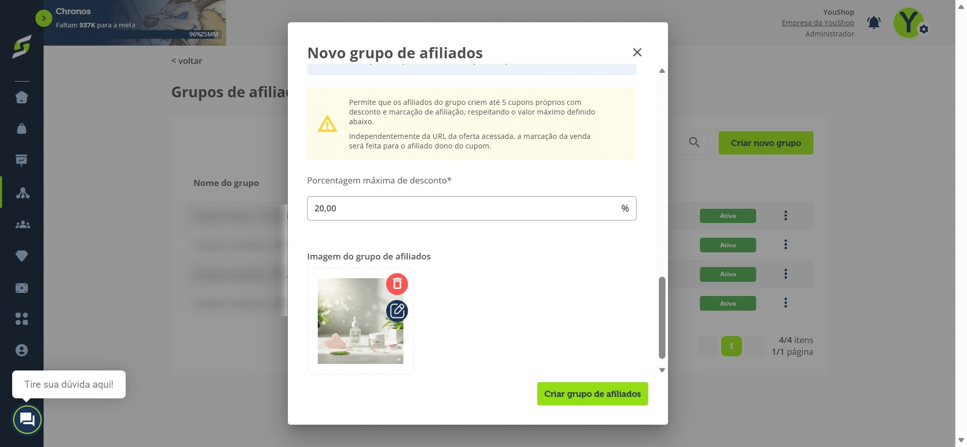 Clique em Criar grupo de afiliados.