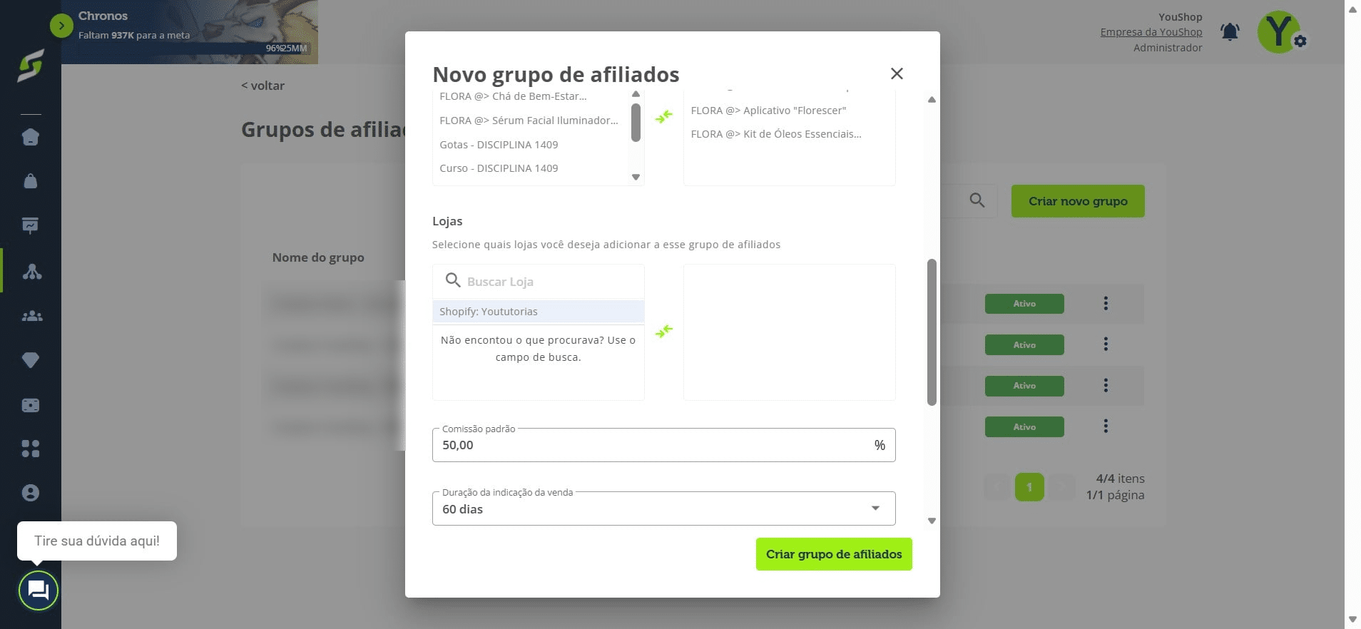 Selecione as lojas que farão parte do grupo (Nuvemshop ou Shopify).