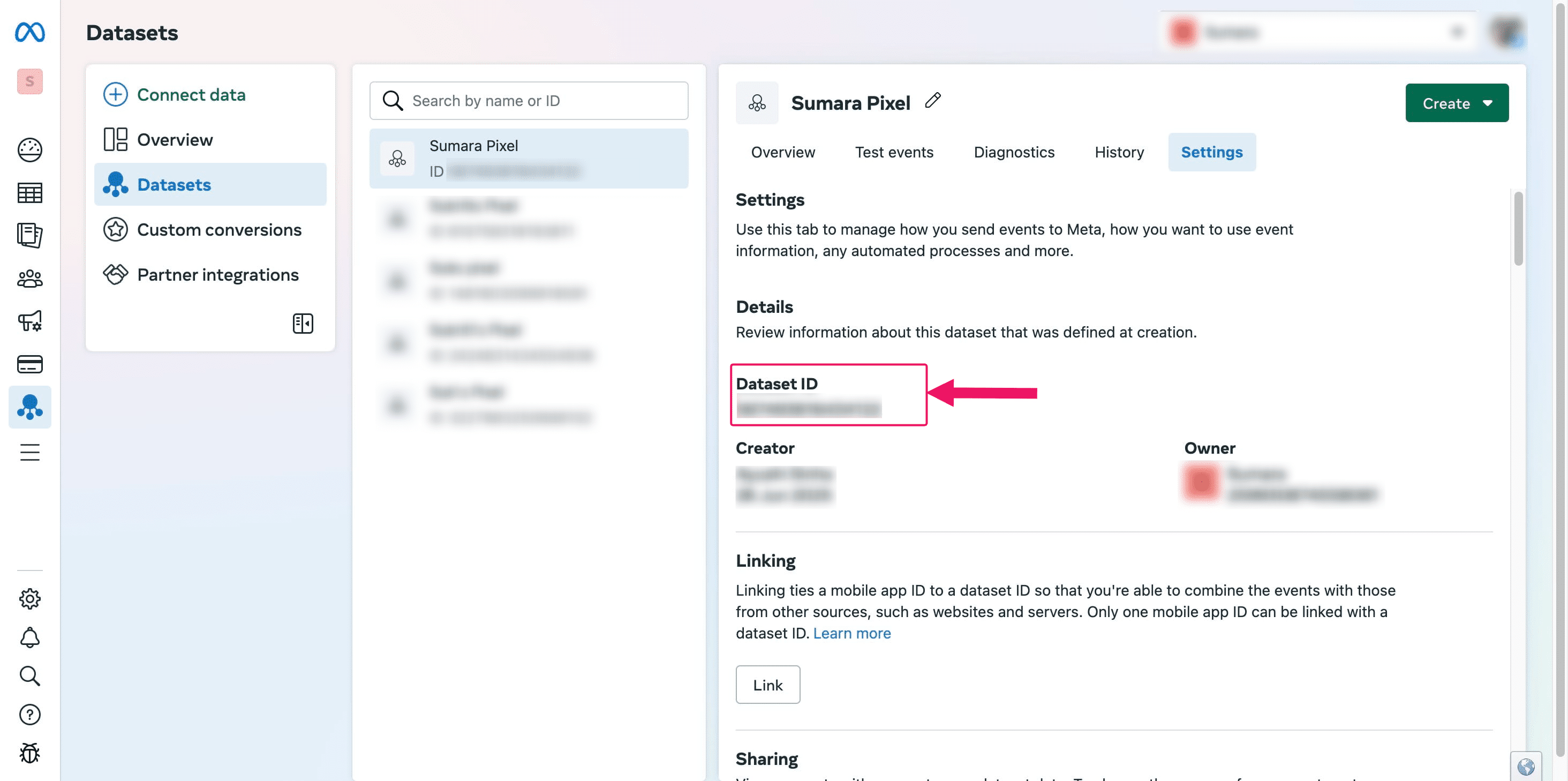 Copy the "Data set ID." This ID corresponds to your pixel ID.