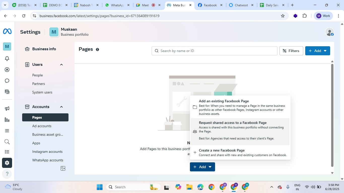 In this step, you have a few options: You can add an existing Facebook business page, create a new one, or request access to another person's page if you manage Facebook pages for clients or other businesses. 

If you haven't already created a Facebook Business page, creating one is required before proceeding.