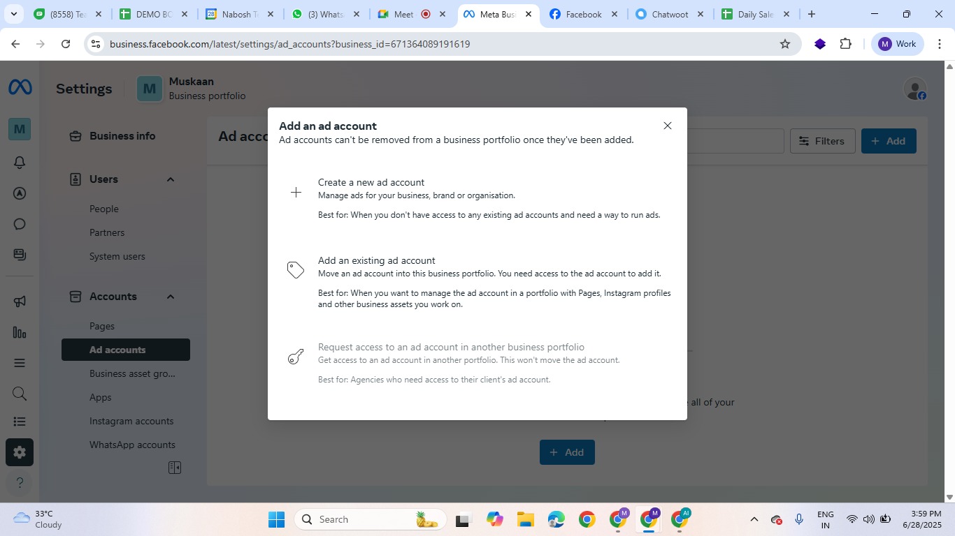 First, select **Create a new ad account**. Then, provide the necessary details for your new ad account, including the ad account name, your time zone, and the currency you will use for ad payments.