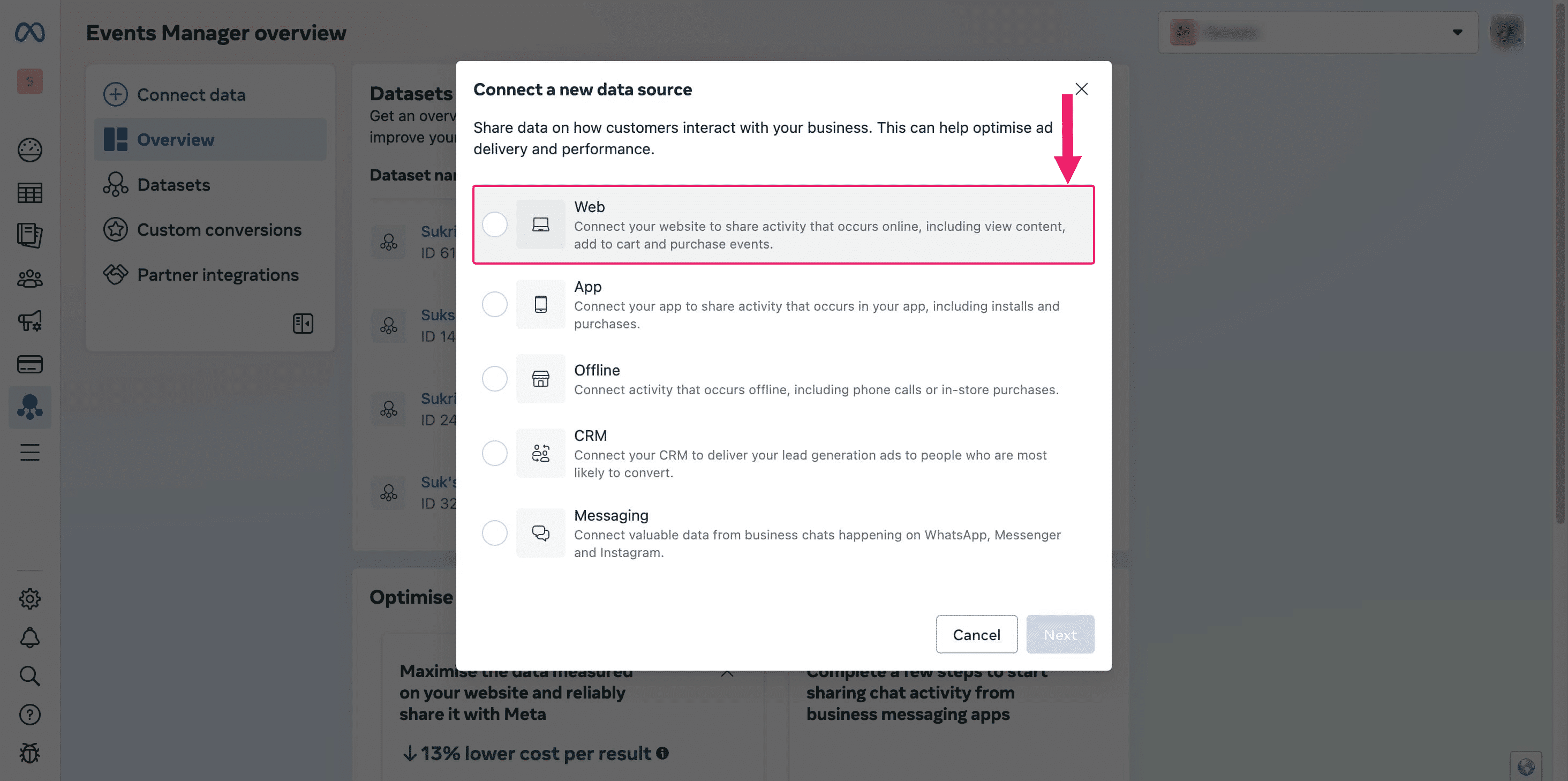 Select "Website" as the data source.