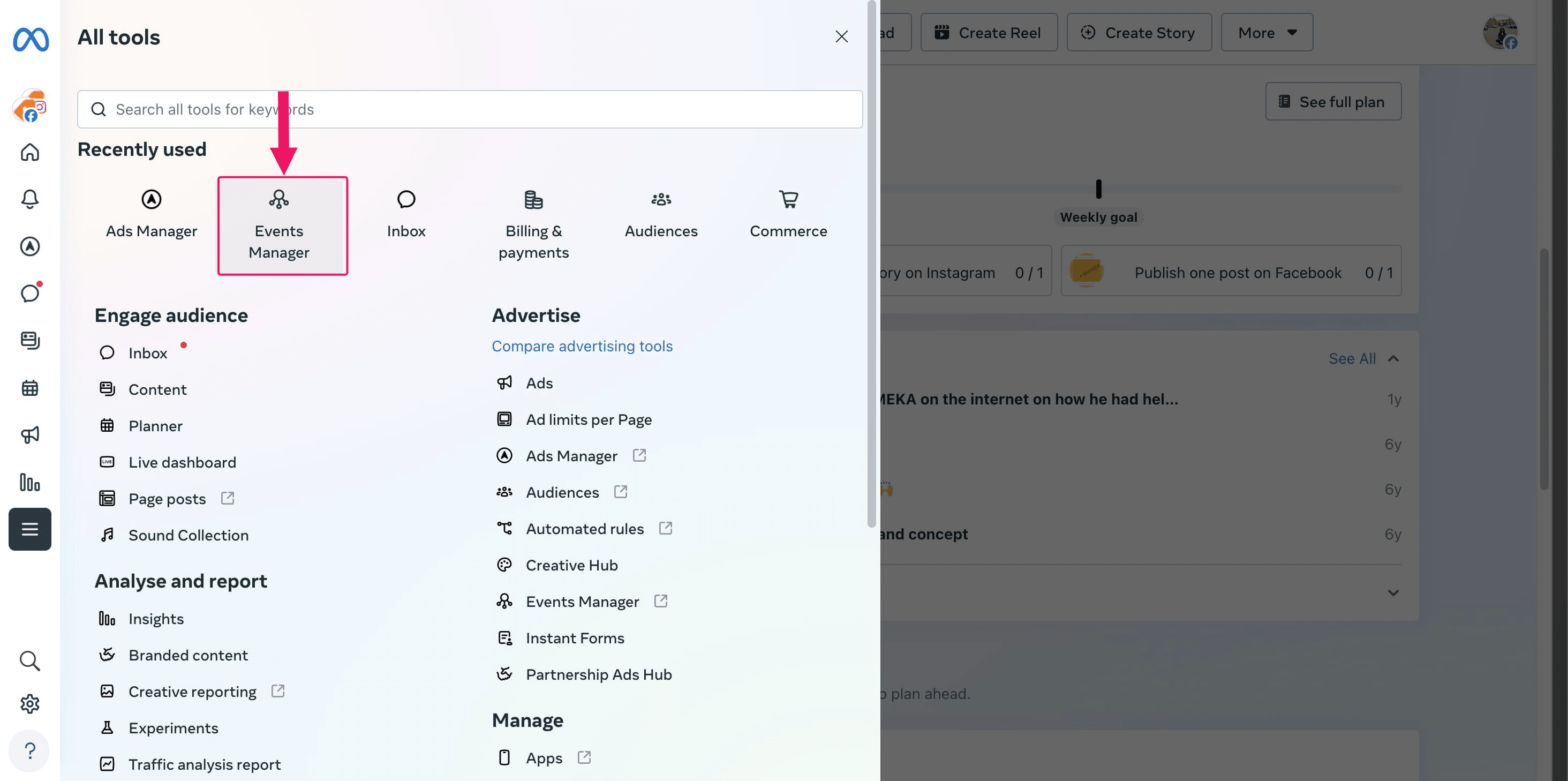 Click on "Events Manager"