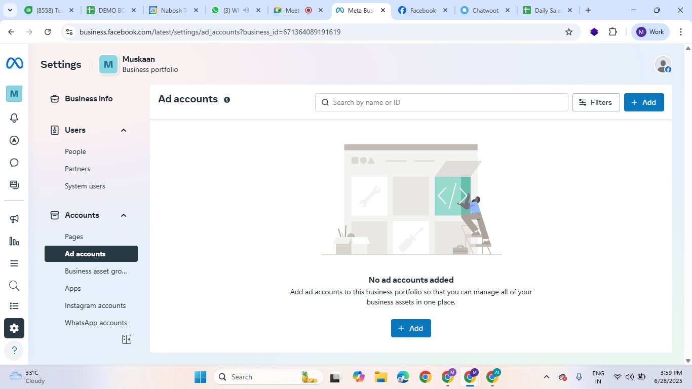 To create a new ad account, select **Add**. Then, enter the necessary details, including the ad account name, your time zone, and the currency for ad payments.