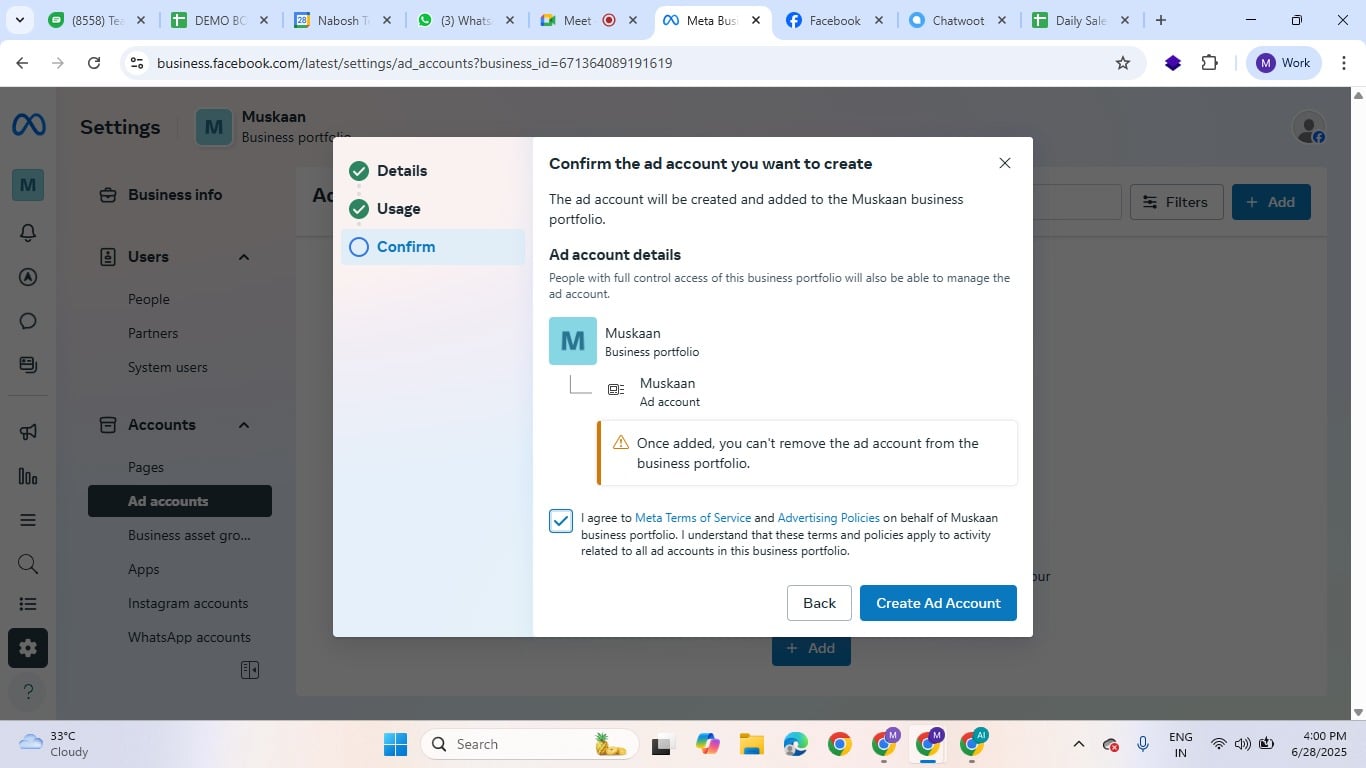 Review and accept the terms and conditions, and then click "**Create an ad account.**"