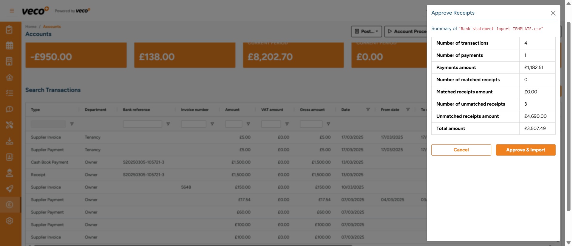 You will now need to approve the receipts before selecting ' Approve & Import'