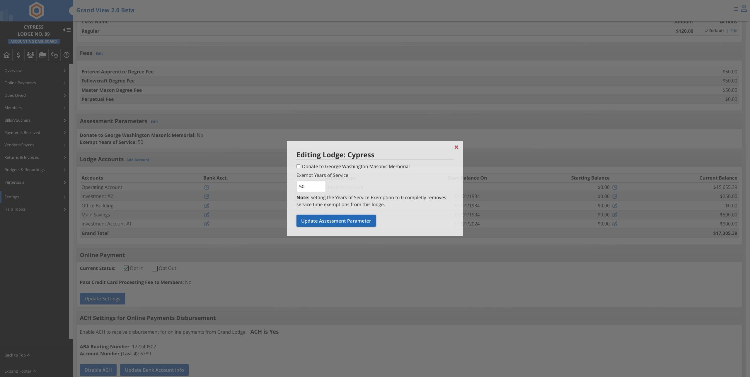 Update the years of service and click on Update Assessment Parameter