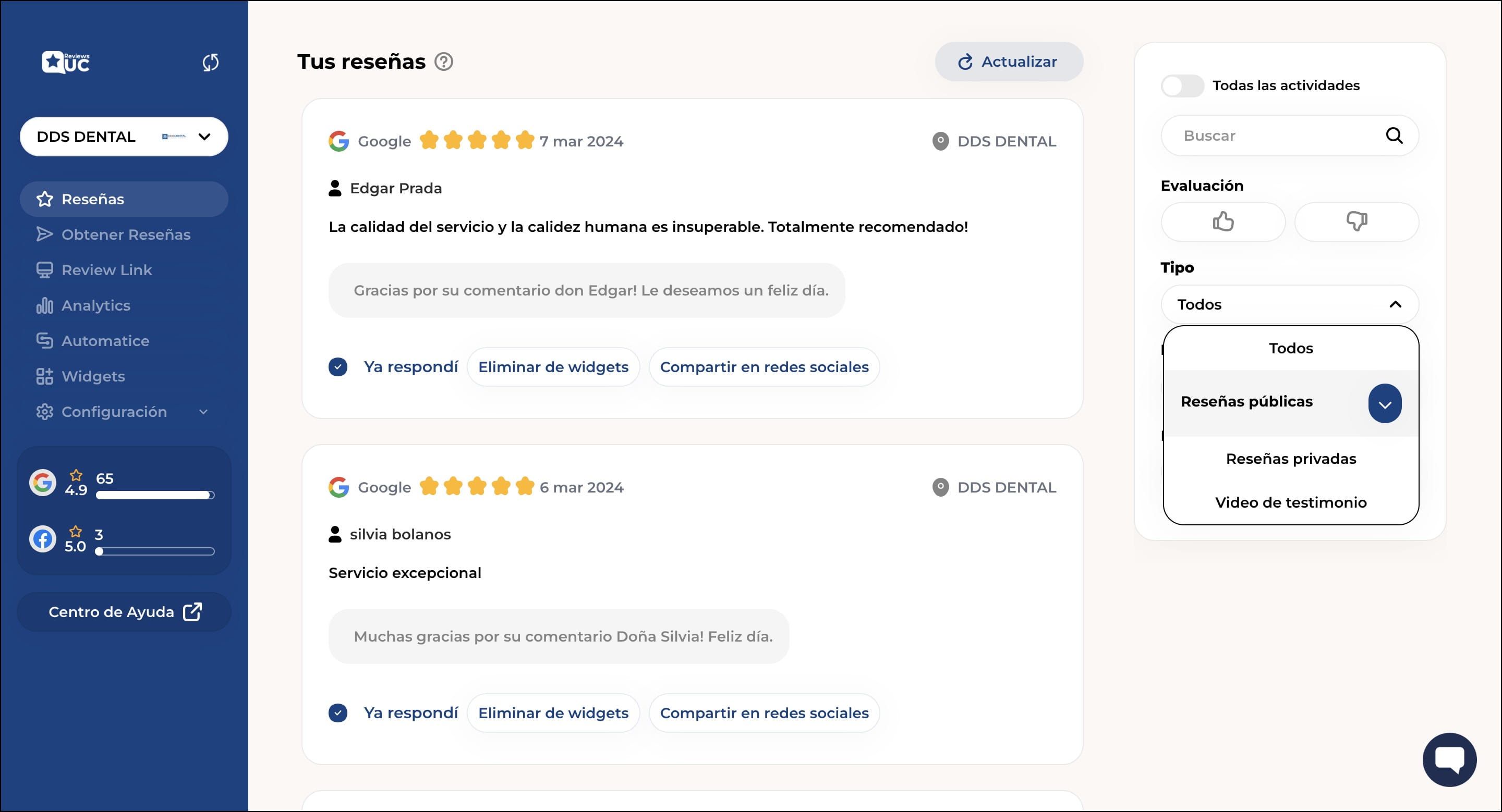 en el apartado de reseñas públicas, dale click a la flecha