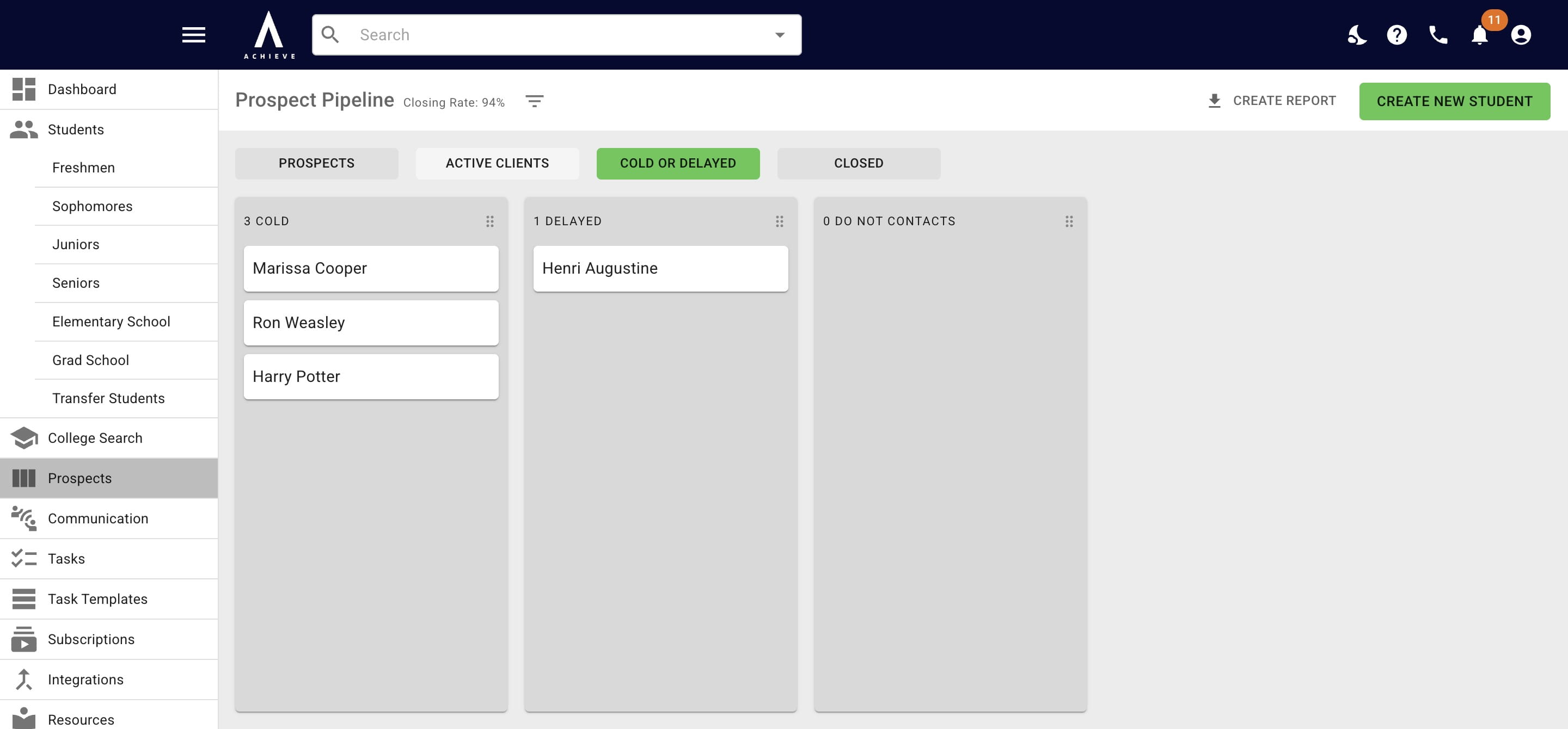 Click on **Active Clients** to see the **Student Pipeline.** 