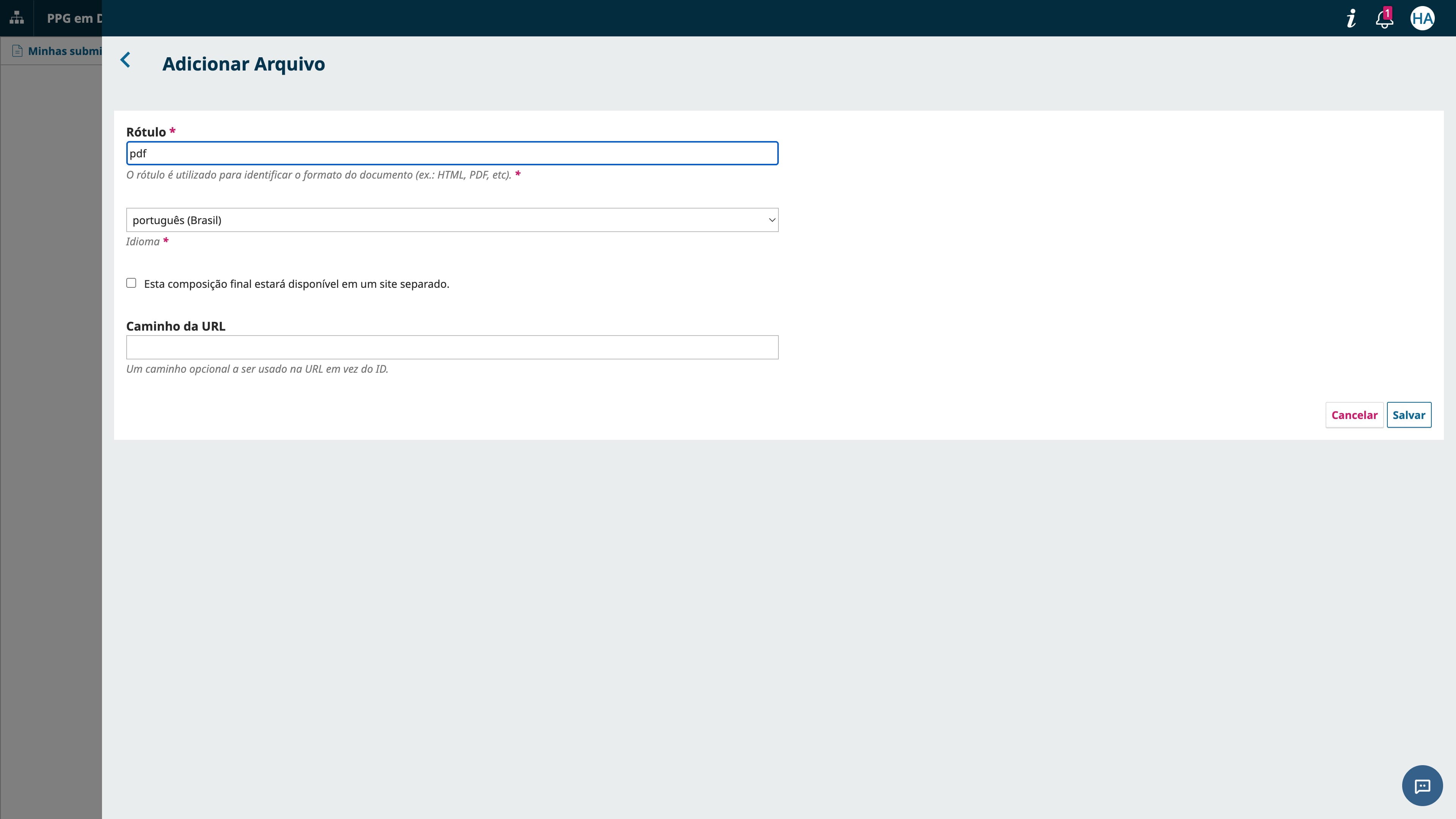 Deixe em branco o checkbox (referente a disponibilidade em site separado) e também deixe em branco o caminho da URL, se quiser, pois essas informações não são essenciais. Siga com o "Salvar".