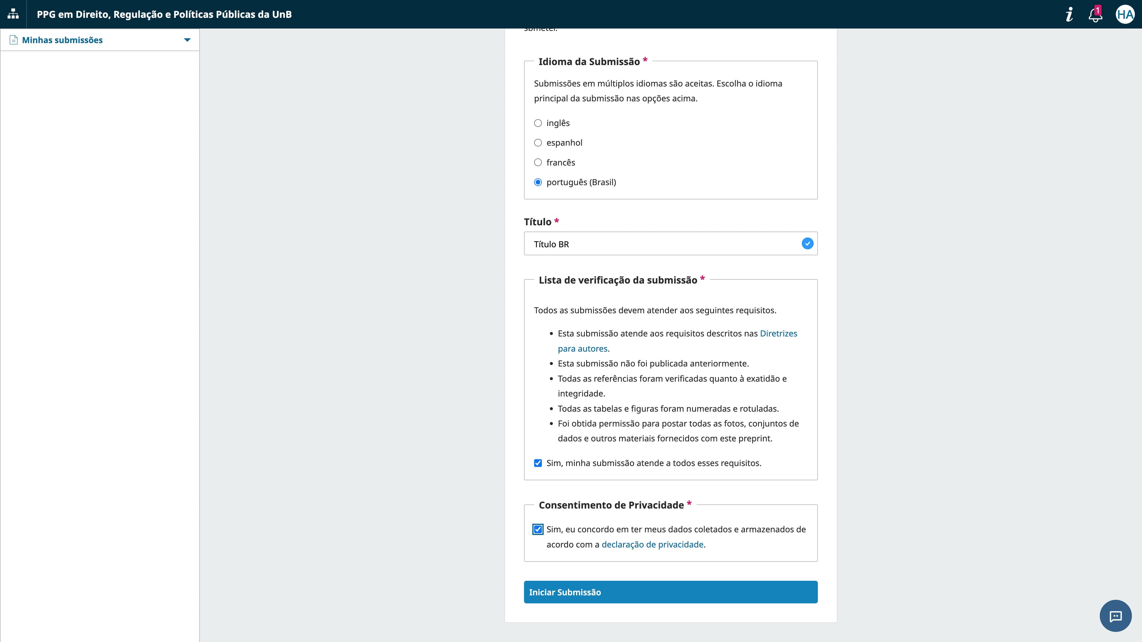 Feita esta parte preliminar, siga com "Iniciar Submissão".
