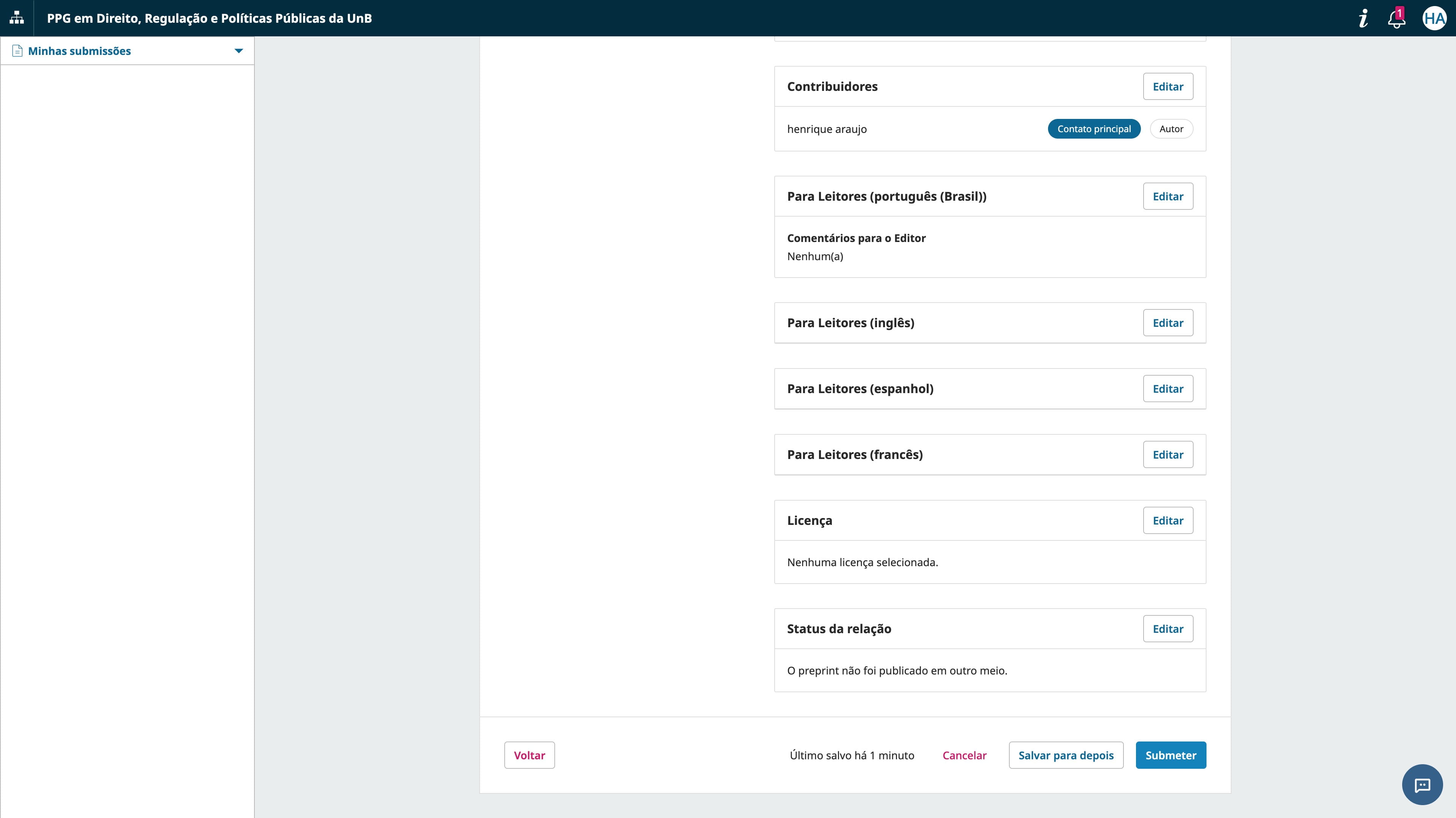 Revise todas as informações e clique em "Submeter".