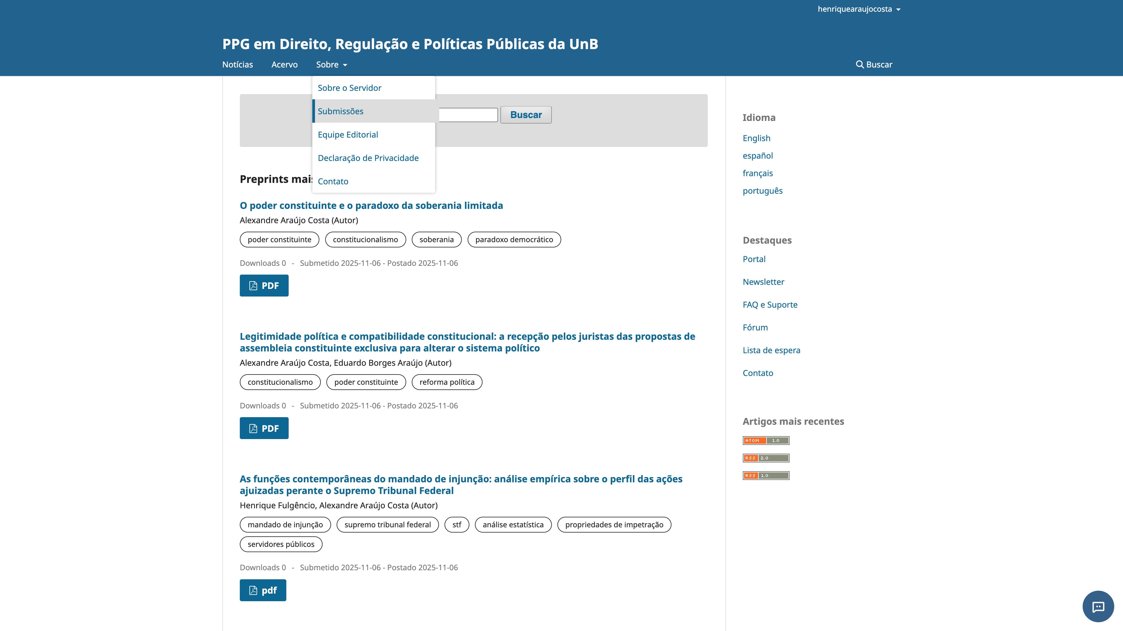 Na barra de navegação, escolha "Sobre" e depois "Submissões".