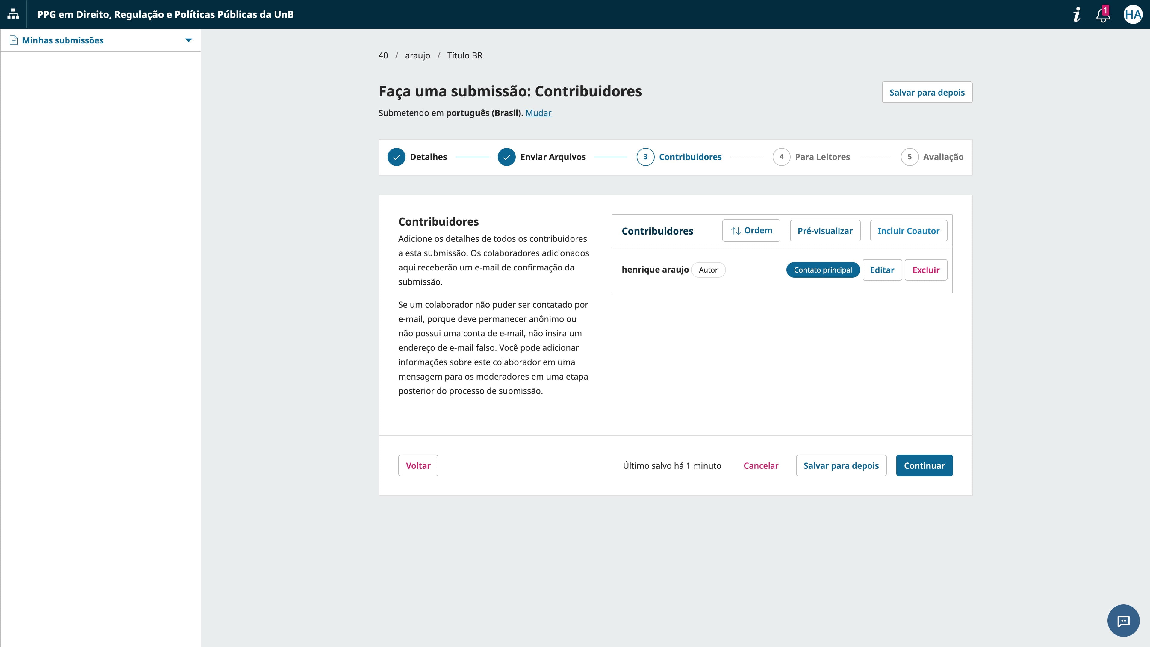 Se for o caso, nesta etapa você pode ainda "Incluir Coautor", repetindo os mesmos passos descritos para sua inclusão. Na sequência, escolha "Continuar".