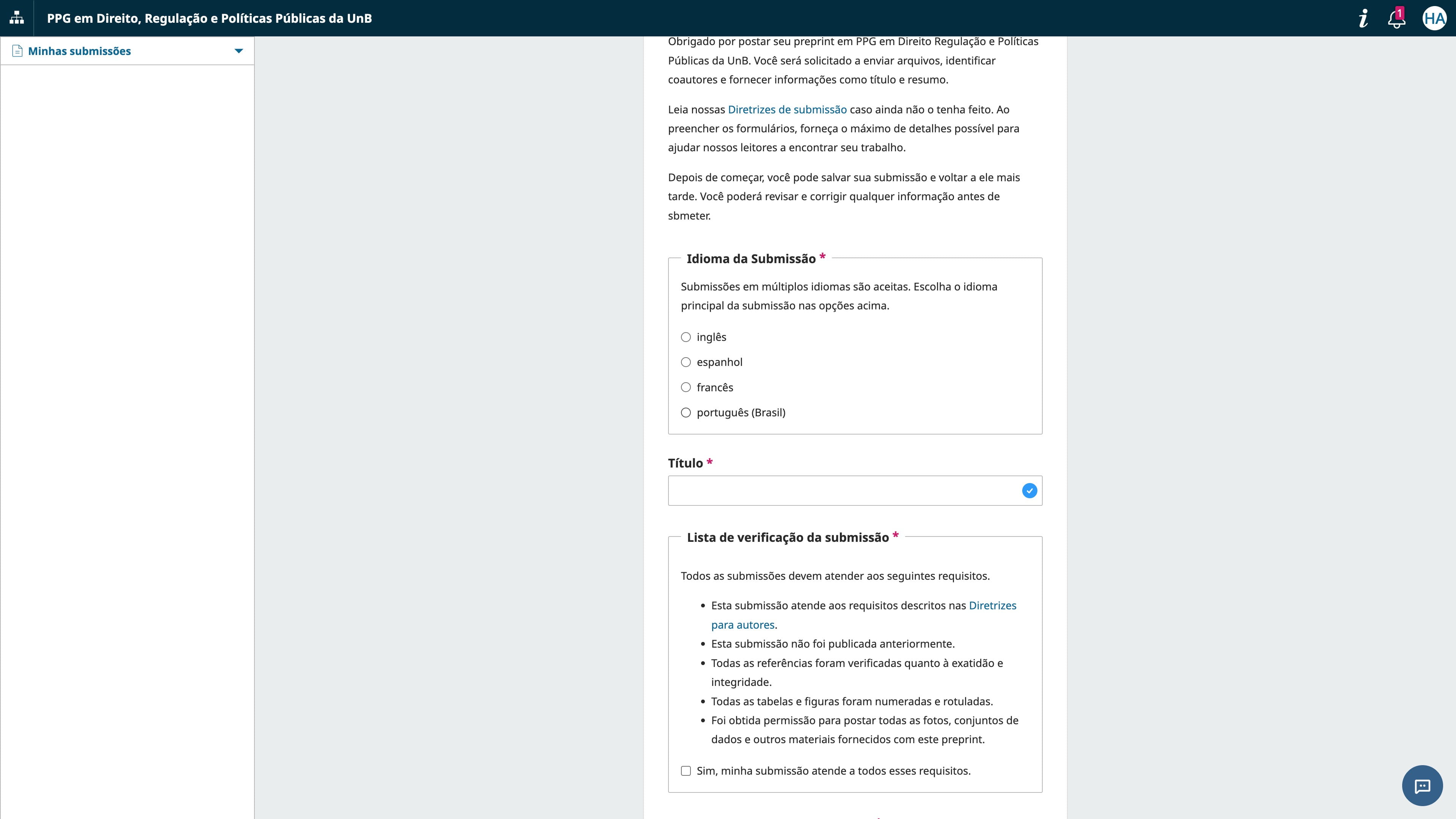 Esta é a primeira página da sua submissão. Aqui você deve escolher o idioma principal da submissão, lembrando que mais tarde poderá adicionar outros idiomas também.